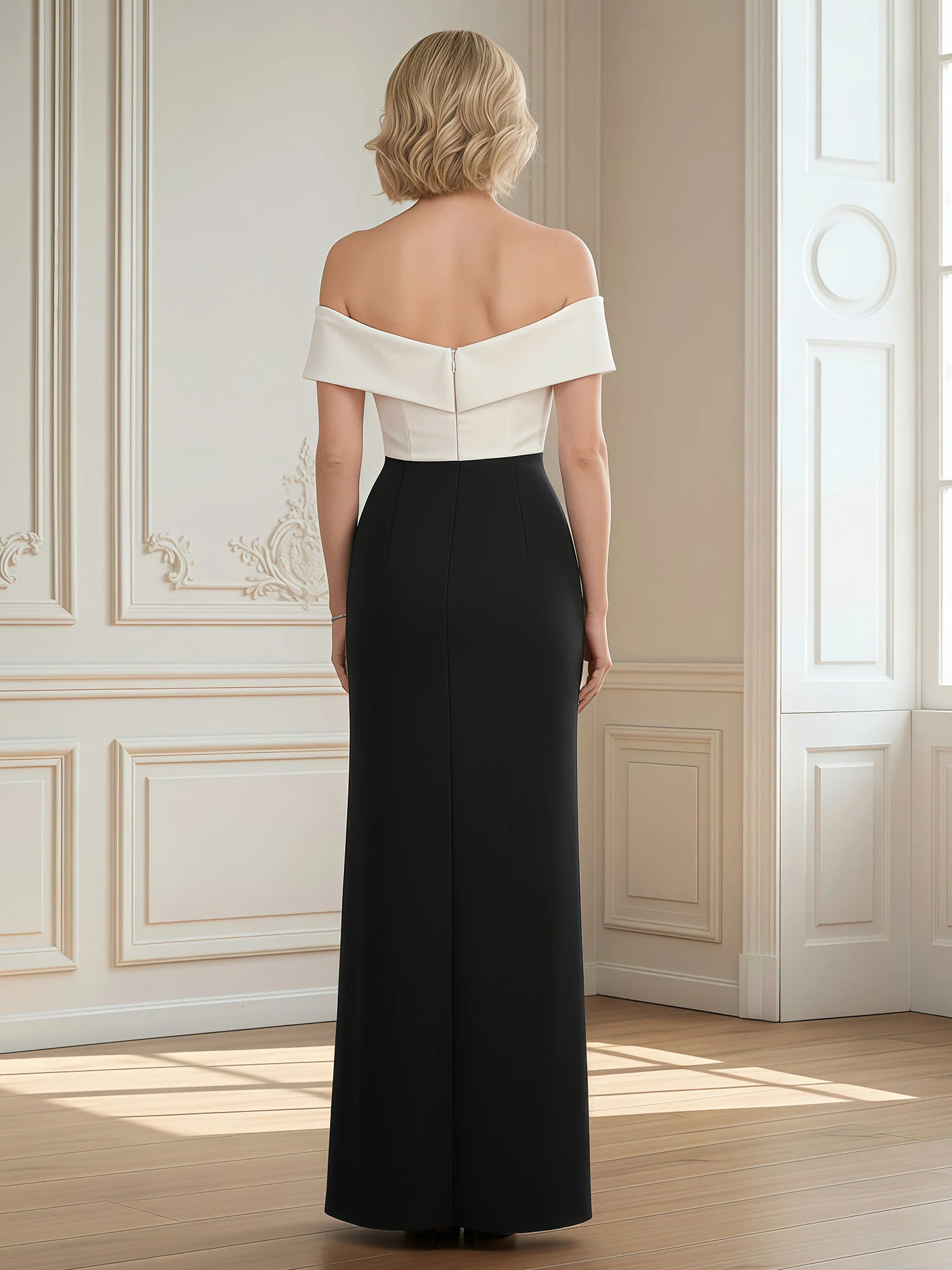 Off-Shoulder Color Block Formal Gown with Front Slit Black - Image 2