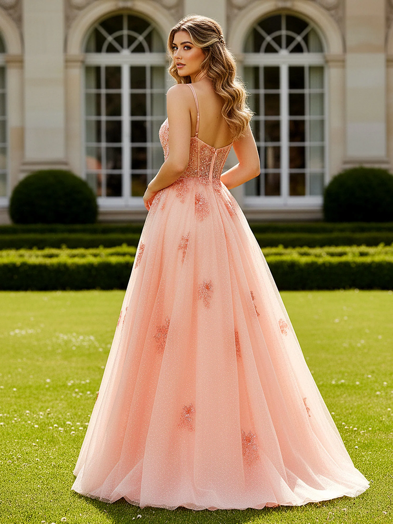 Embellished Bodice A-Line Gown with Sparkle Tulle Papaya - Image 2
