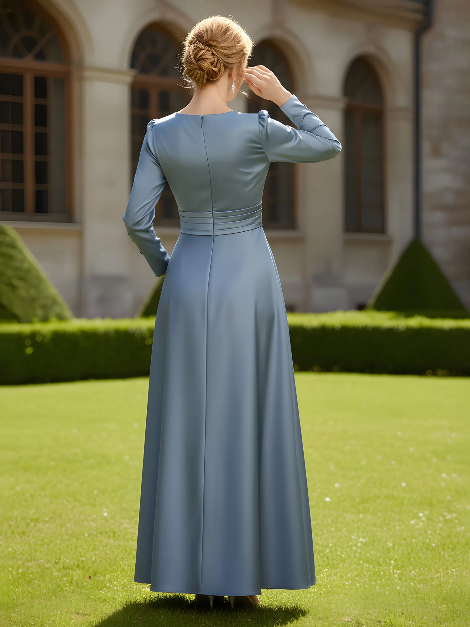 Elegant V-neck Pleated Satin A-Line Gown with Pockets Lavender - Image 2