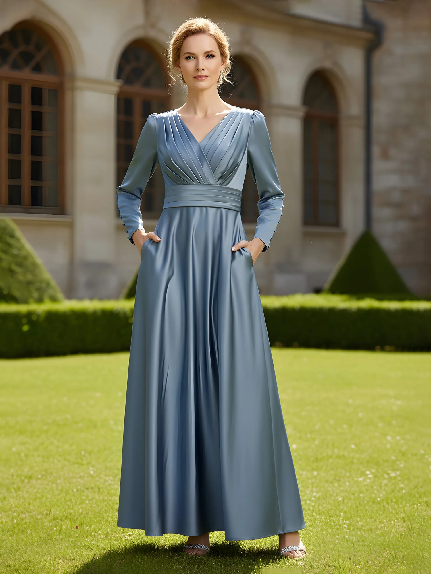 Elegant V-neck Pleated Satin A-Line Gown with Pockets Sage