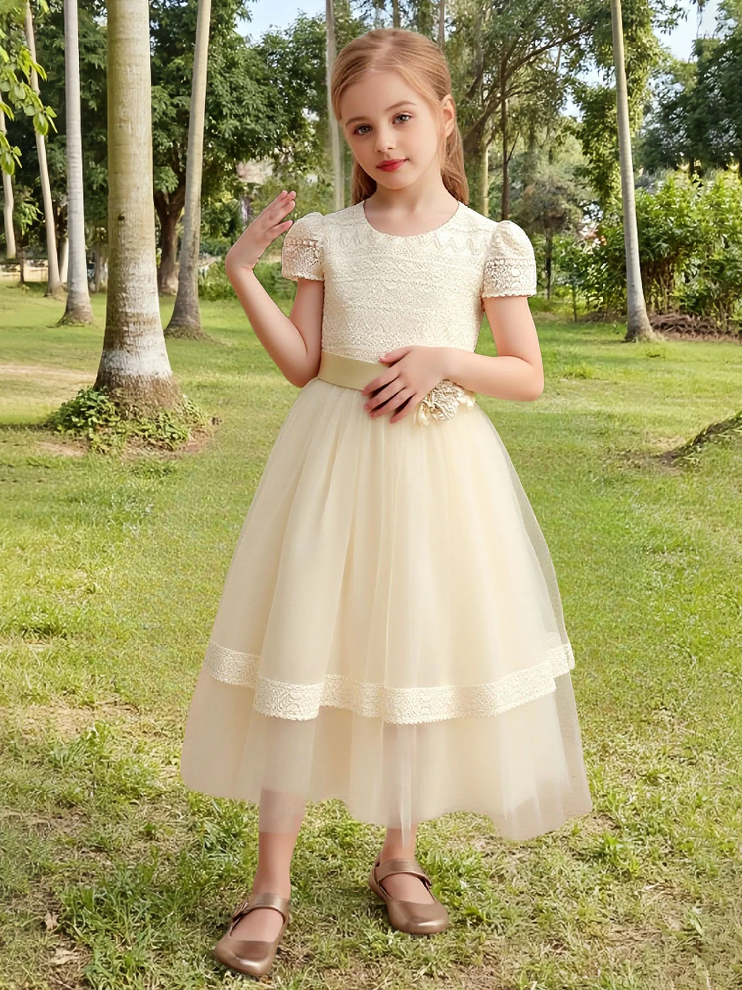 Lace Bodice Puff Sleeve Tulle Skirt Flower Girl Dress Daffodil