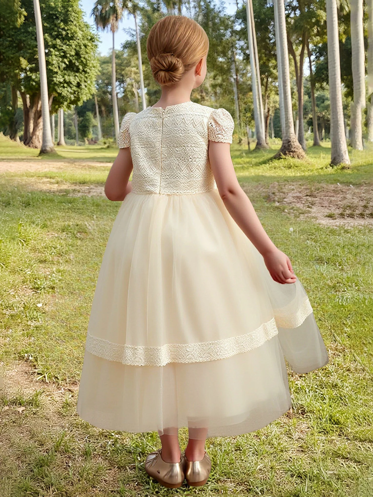 Lace Bodice Puff Sleeve Tulle Skirt Flower Girl Dress Daffodil - Image 2