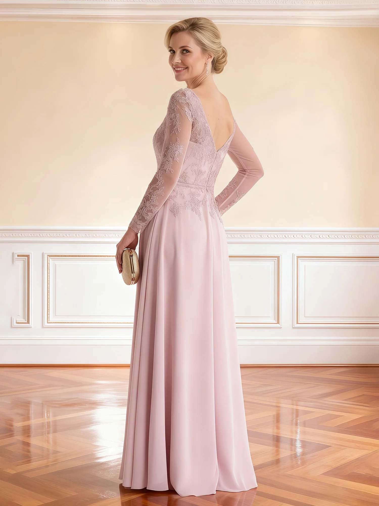 Delicate Lace Top Maxi Dress with Wide V-Back Detail Dusty Rose - Image 2