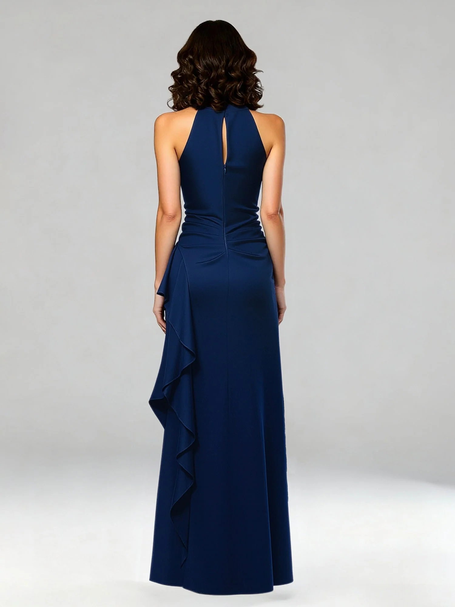 Halter Neck Maxi Gown with Waterfall Ruffle Detail Black - Image 2
