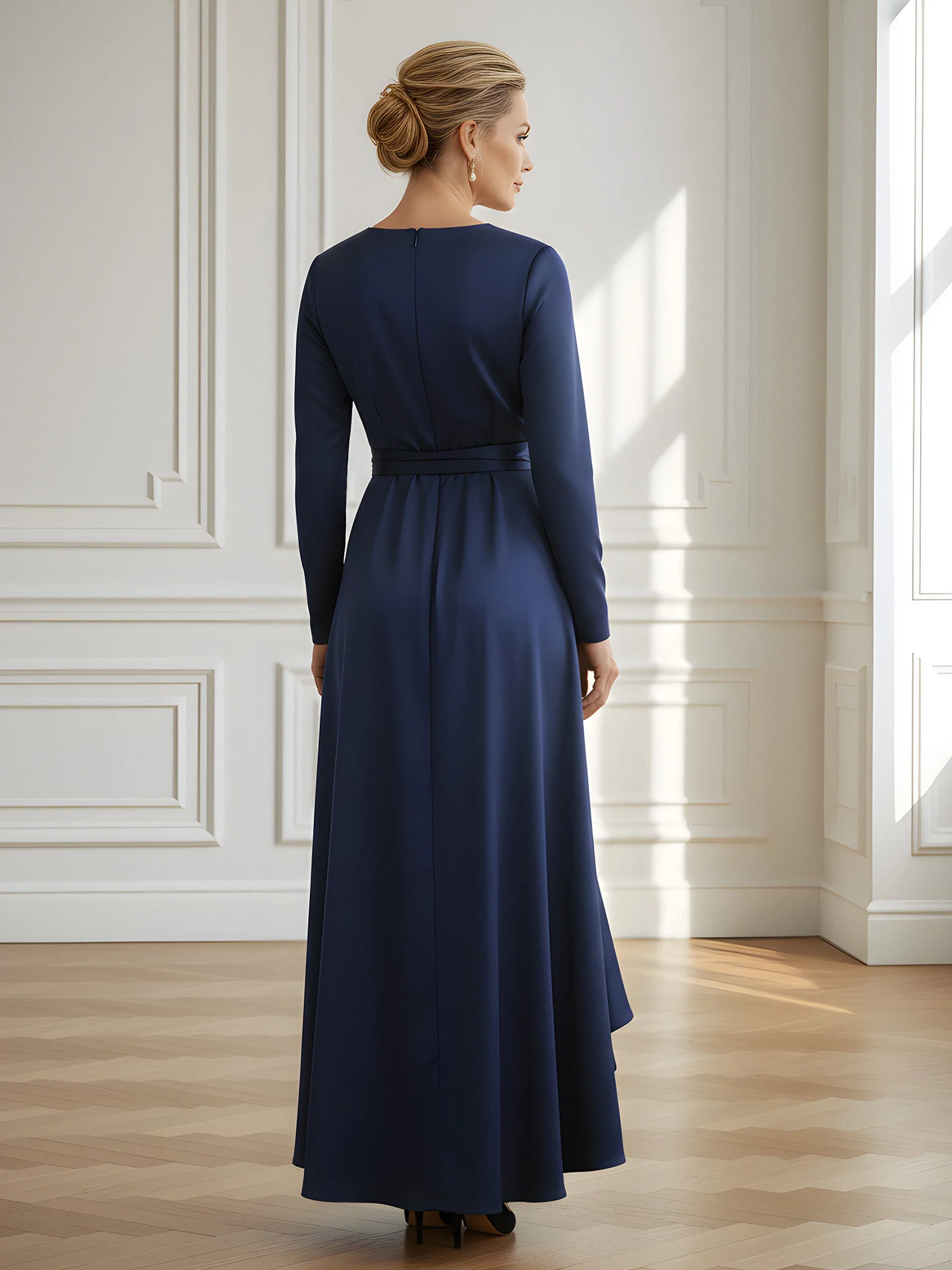 Long-Sleeve Faux-Wrap Maxi Dress with Cascading Ruffle Hem Dark Navy - Image 2