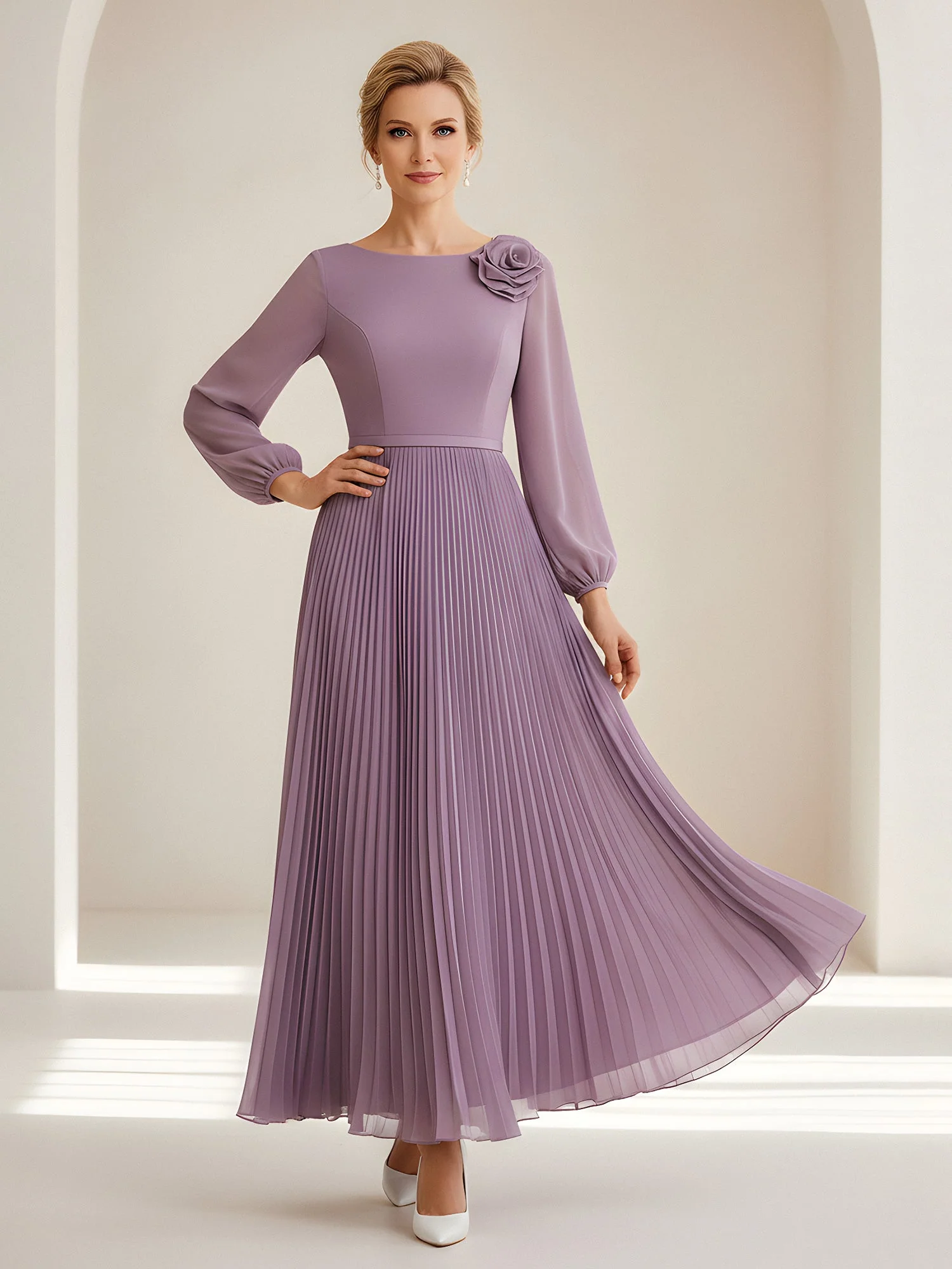 Pleated Maxi Dress with Sheer Bishop Sleeves and Rosette Grape