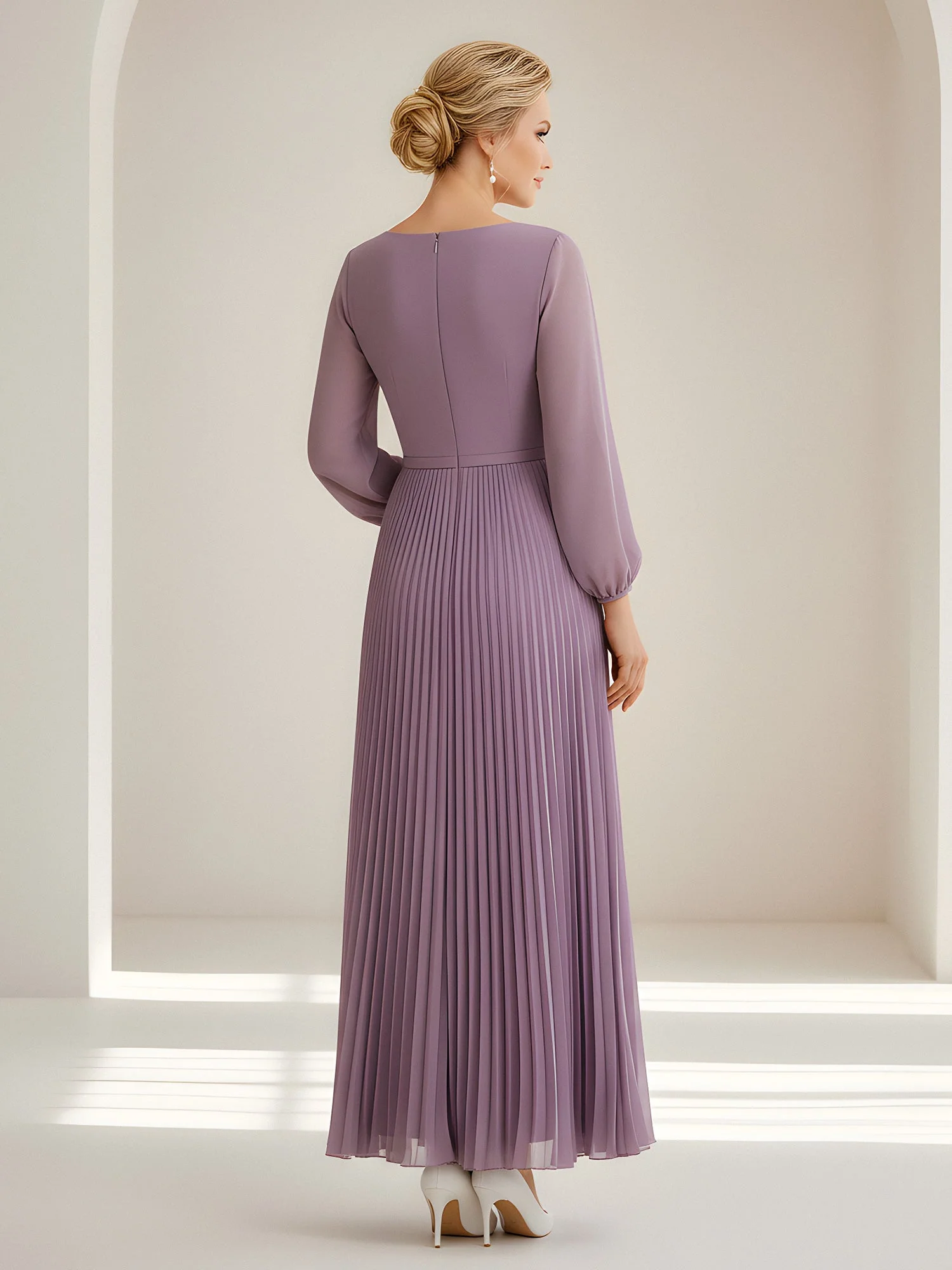 Pleated Maxi Dress with Sheer Bishop Sleeves and Rosette Grape - Image 2
