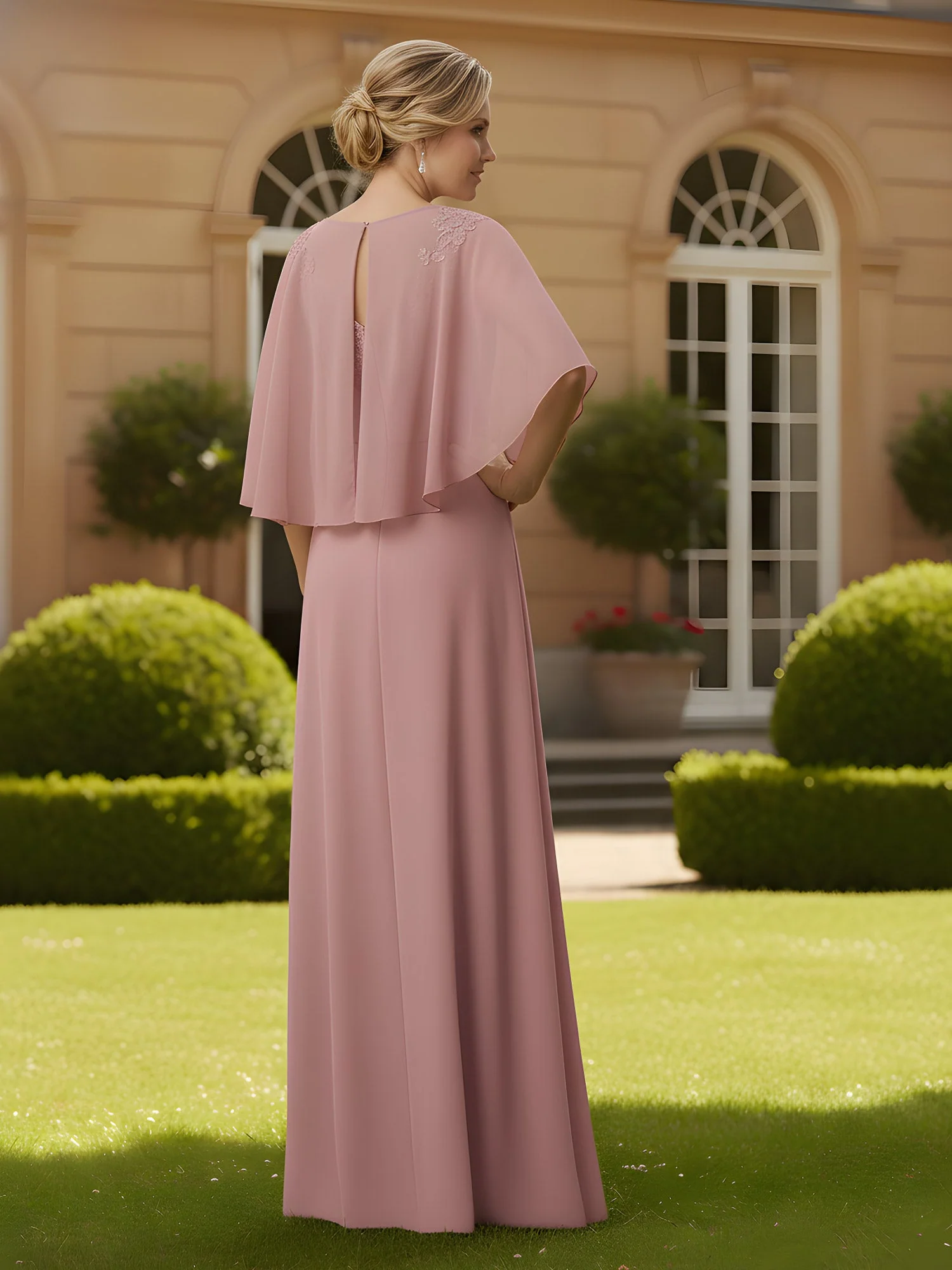 Illusion Neck A-line Gown with Cape Sleeves Orchid - Image 2