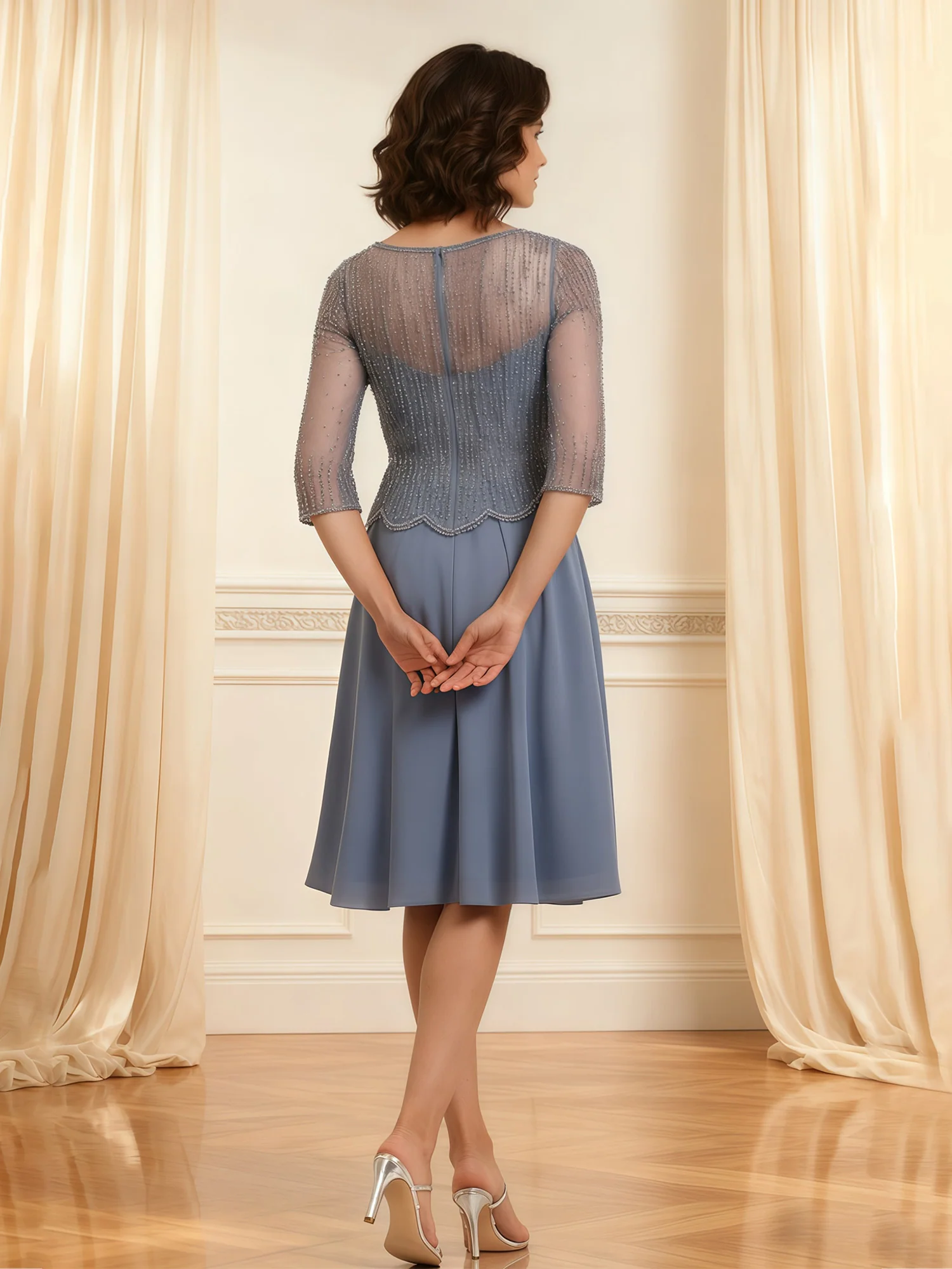 Sheer Yoke Beaded Bodice Dress Scalloped Hem Detail Dusty Blue - Image 2