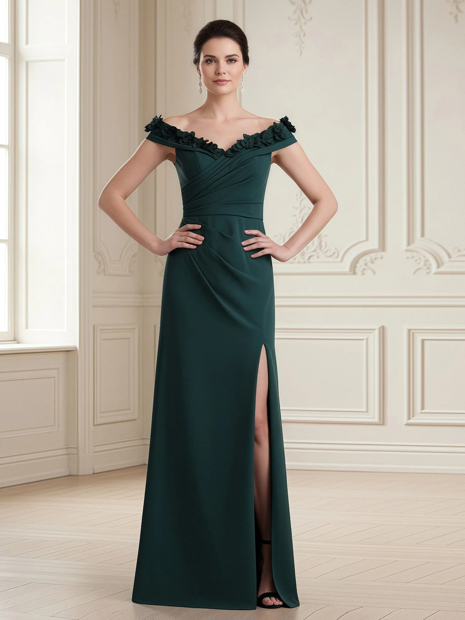 Off-Shoulder Column Gown with Draped Bodice Burgundy