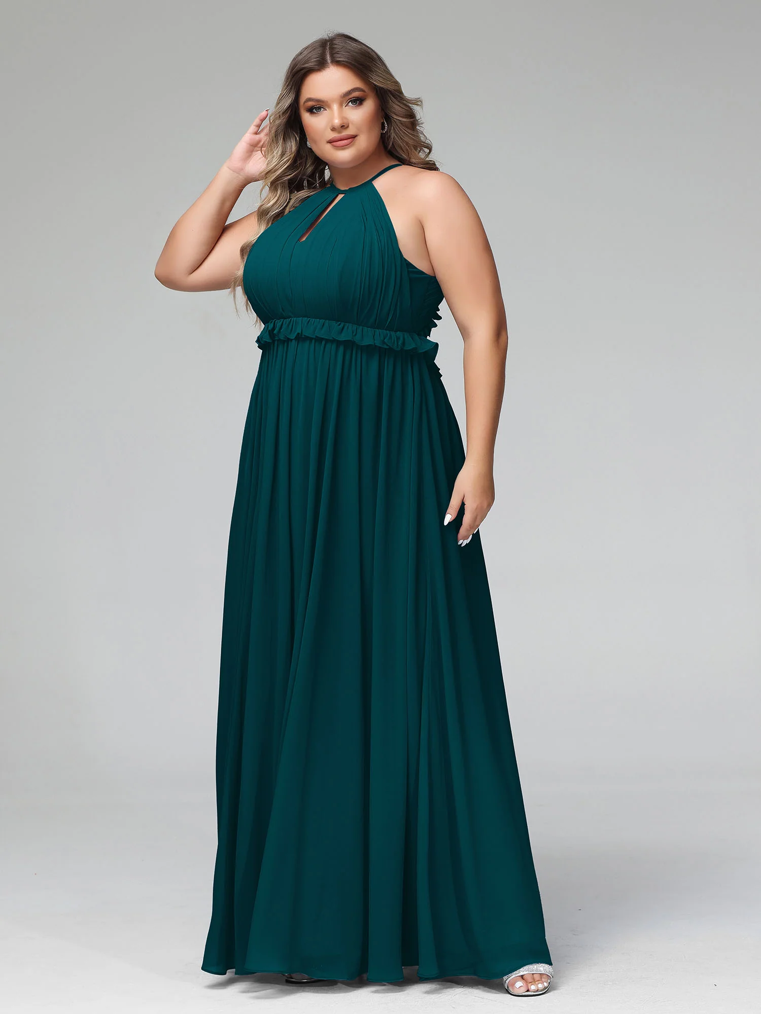 Keyhole Neckline Open Back Chiffon Max Long Dress Pine - Image 6