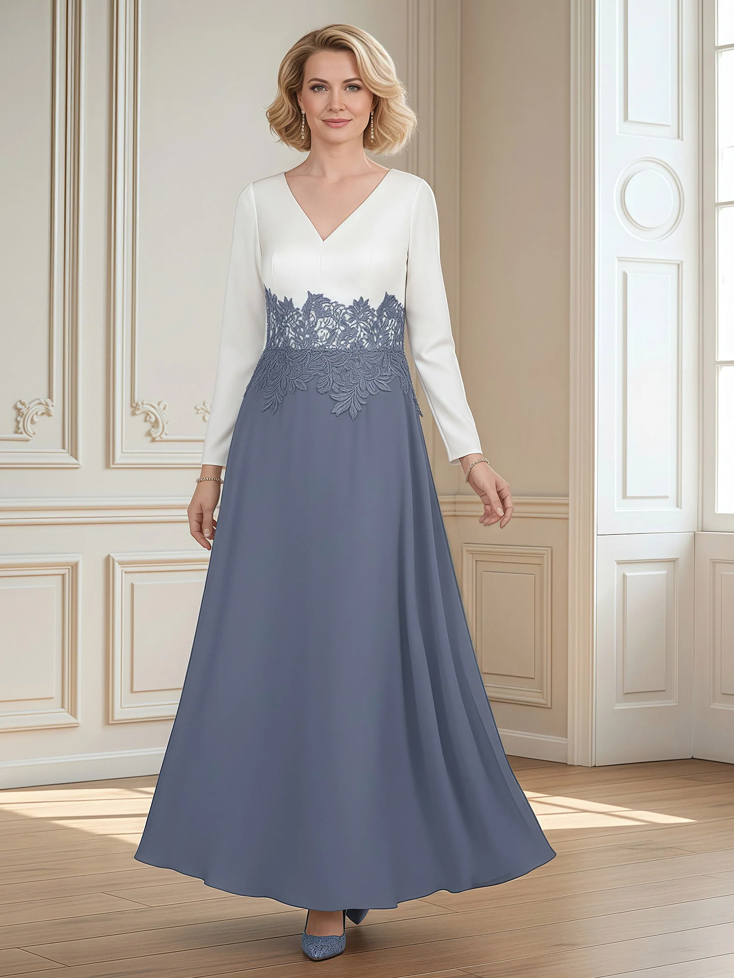 Long Sleeve Two-Piece Look Gown with Lace Waist Dusty Blue