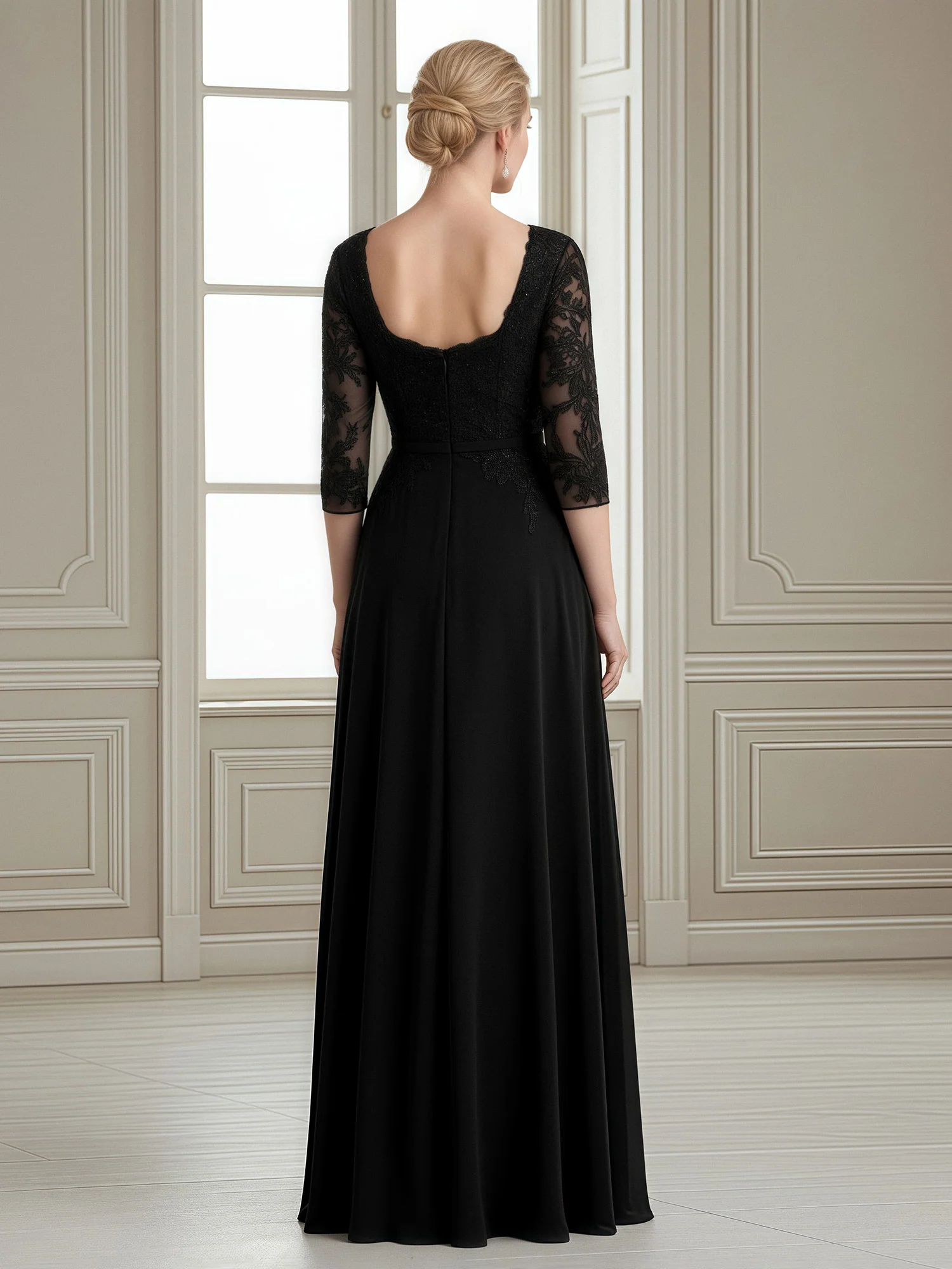 Square Neck A-Line Gown with Embroidered Lace Sleeves Black - Image 2