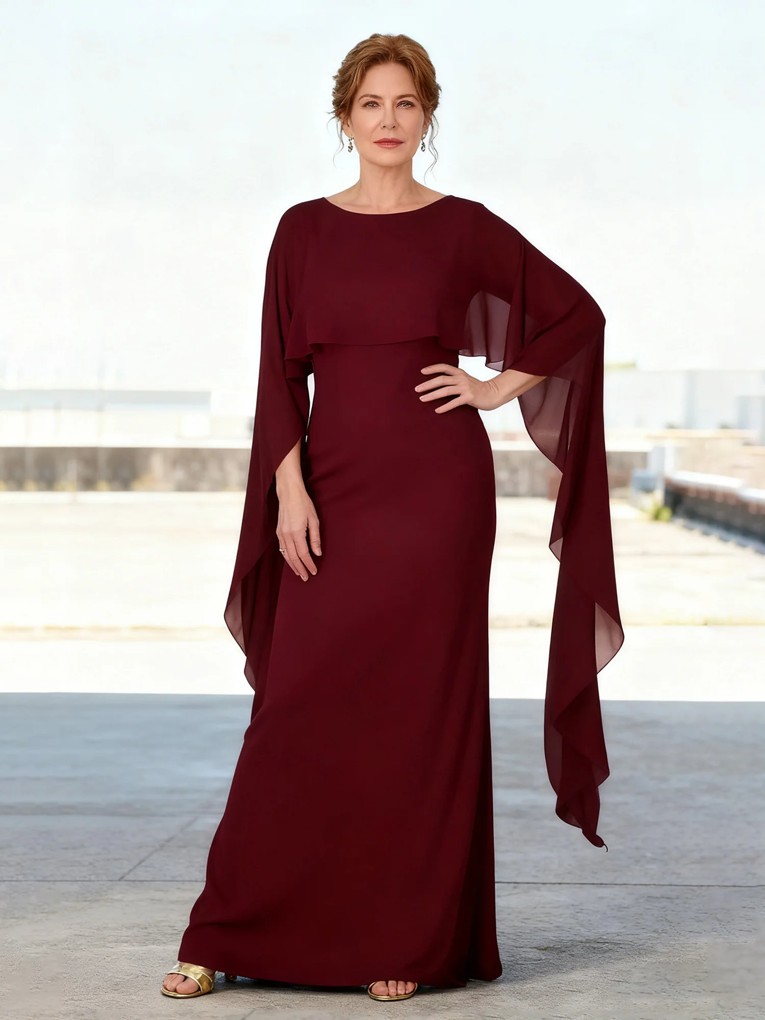 Sleek Fit Evening Dress Floor Length Overlay Detail Burgundy