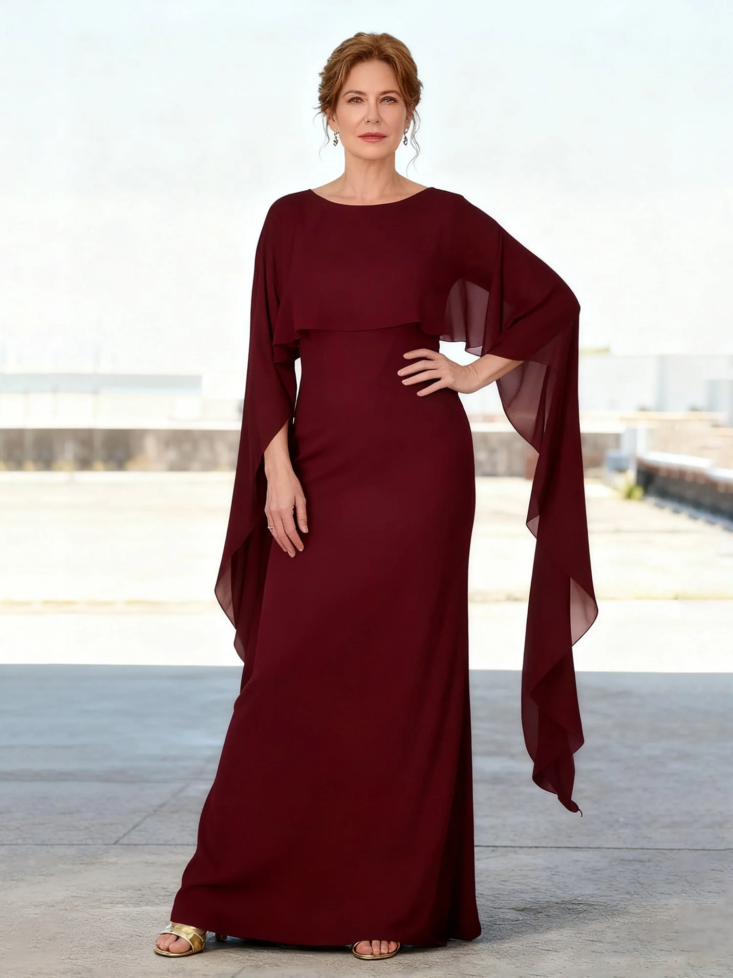 Sleek Fit Evening Dress Floor Length Overlay Detail Sunset
