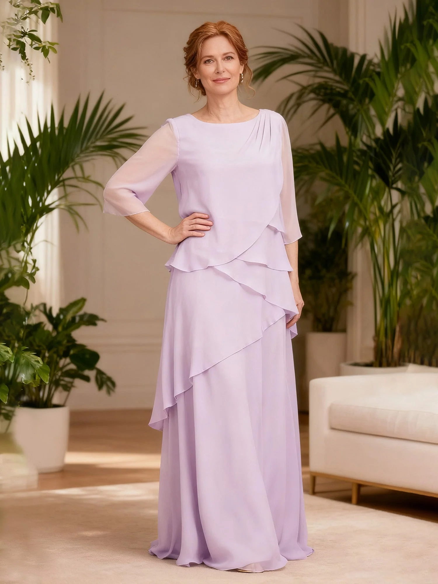 Cascading Ruffle Gown Boat Neck Floating Panels Lemon