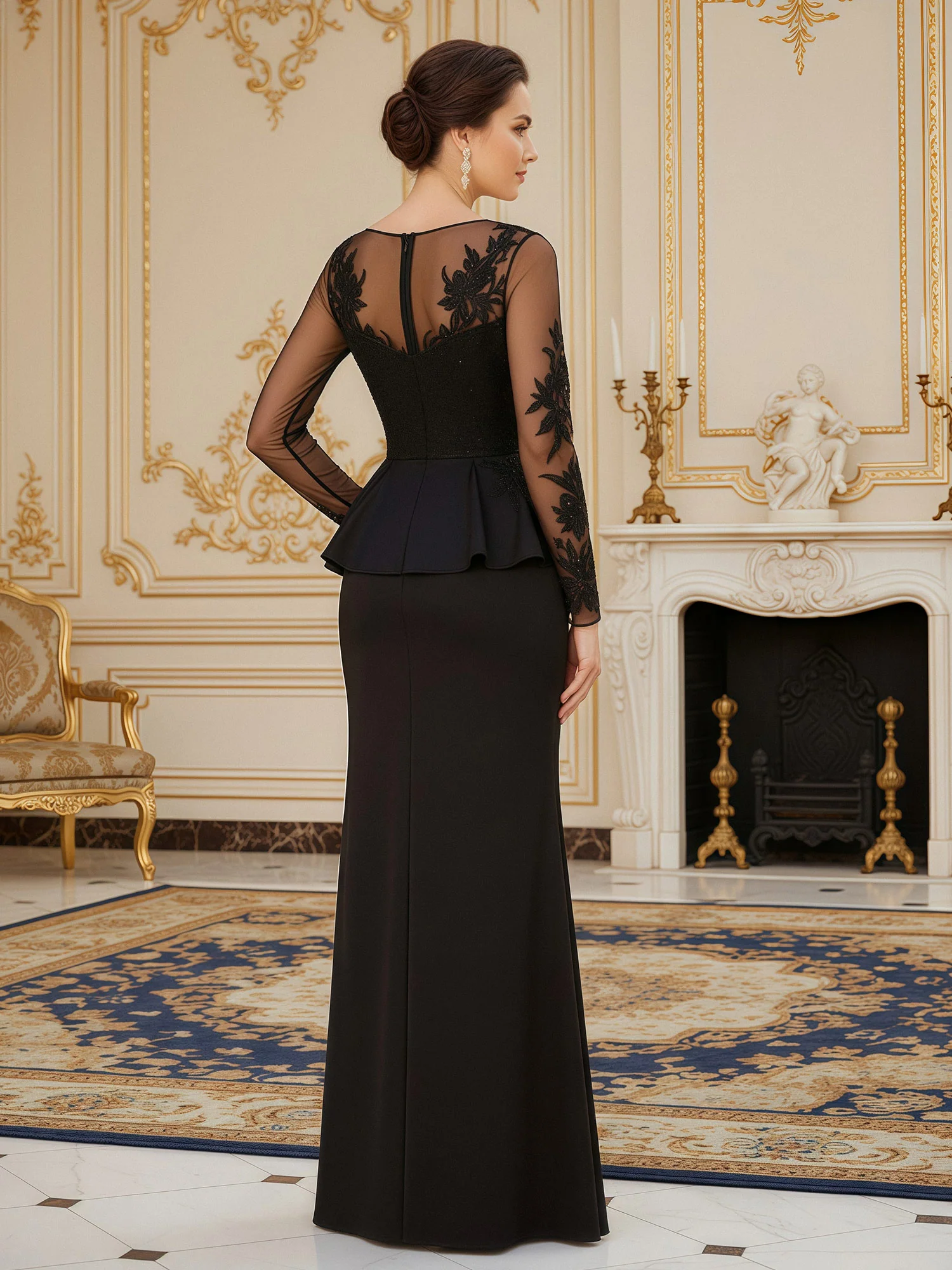 Sheer Long Sleeve Gown with Embroidered Peplum Wais Black - Image 2