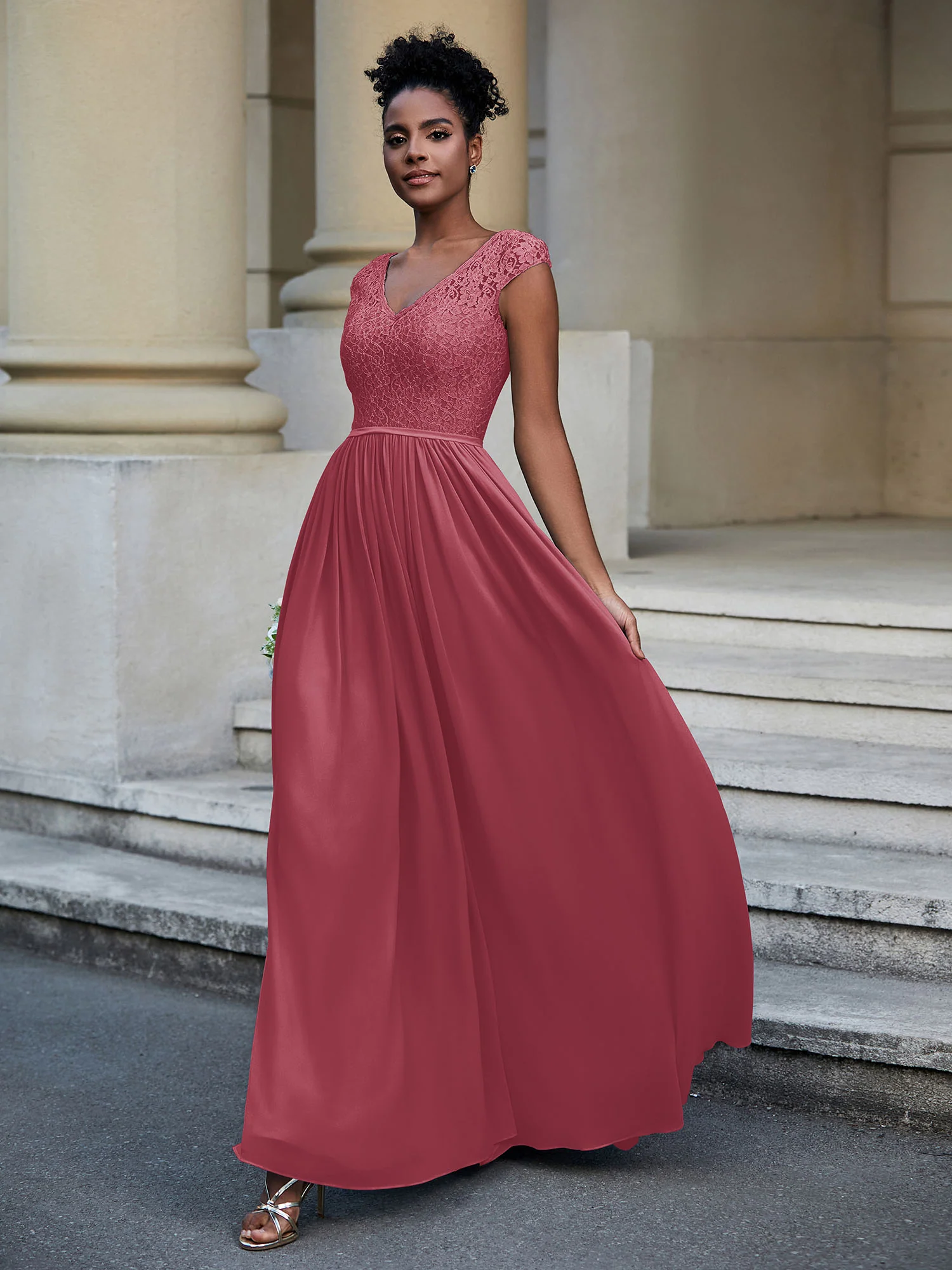 Lace and Chiffon Maxi Dress with Cap Sleeves-Cinnamon Rose - Image 3