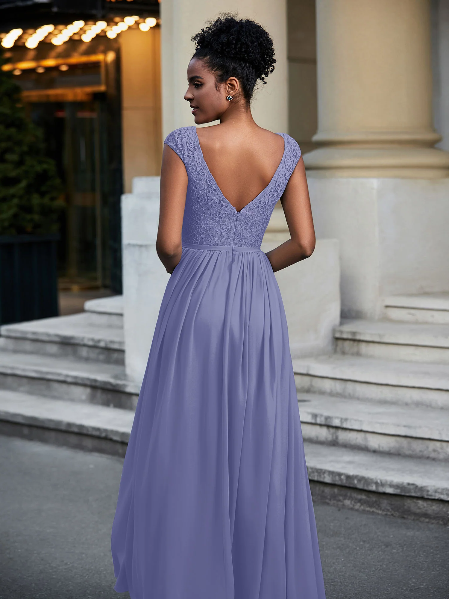 Lace and Chiffon Maxi Dress with Cap Sleeves-Periwinkle Plus Size - Image 2