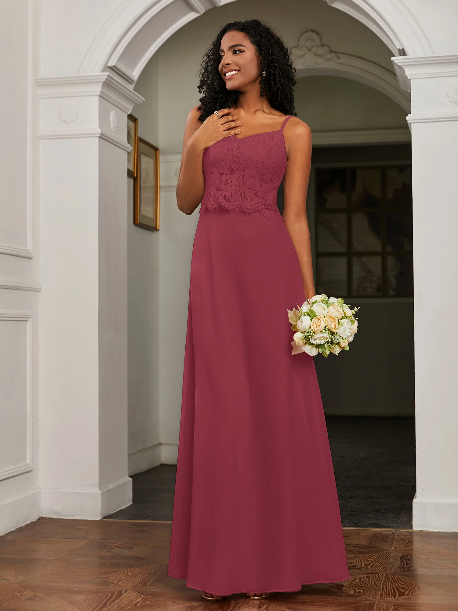 Lace Appliqued Backless Chiffon A-Line Dress Cinnamon Rose - Image 3