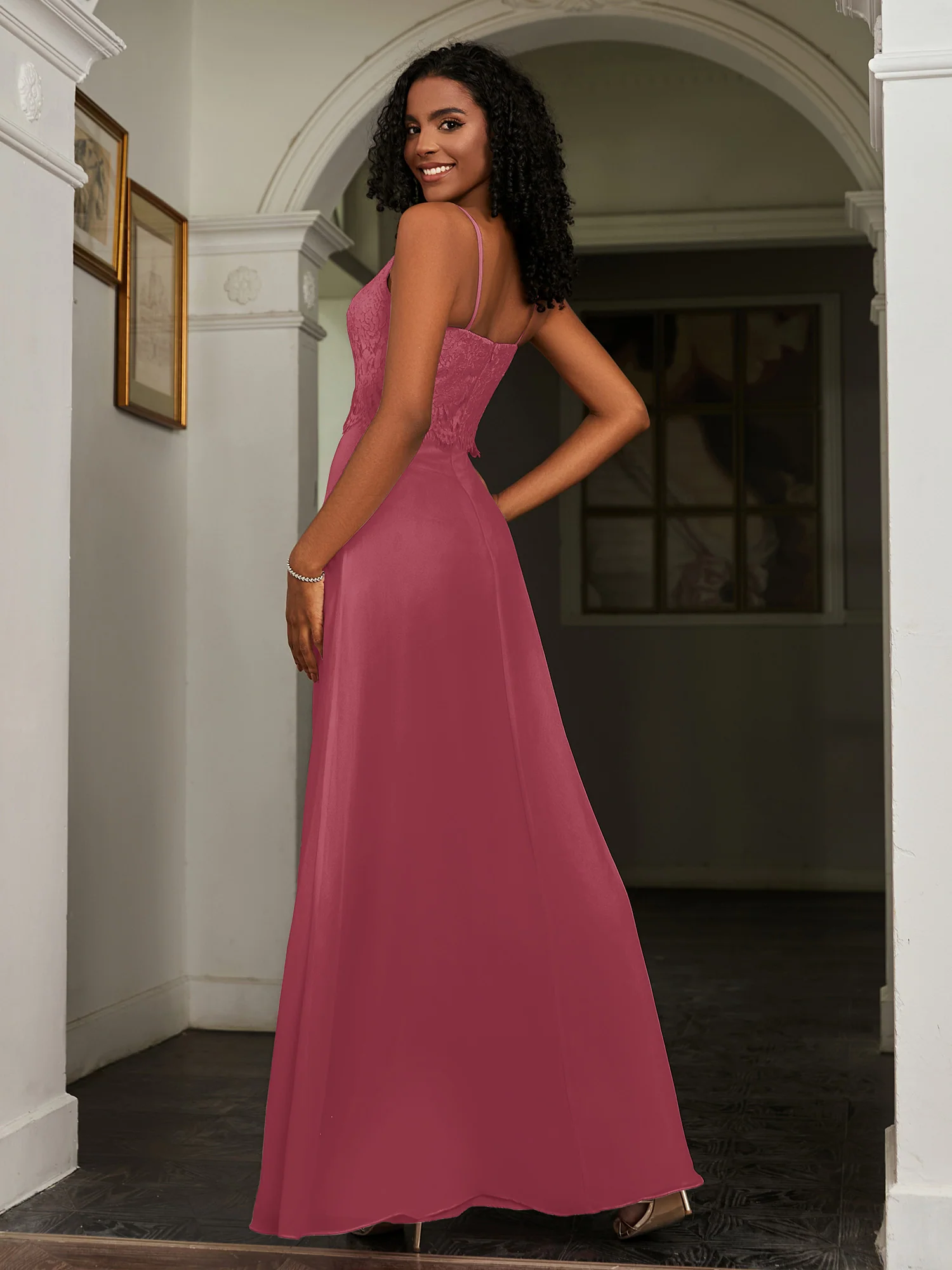 Lace Appliqued Backless Chiffon A-Line Dress Cinnamon Rose Plus Size - Image 2