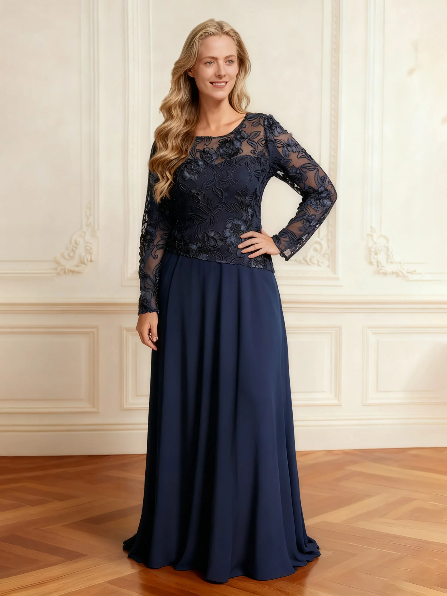 Lace Illusion Neck Long Sleeve Floor-length Dress Dark Navy