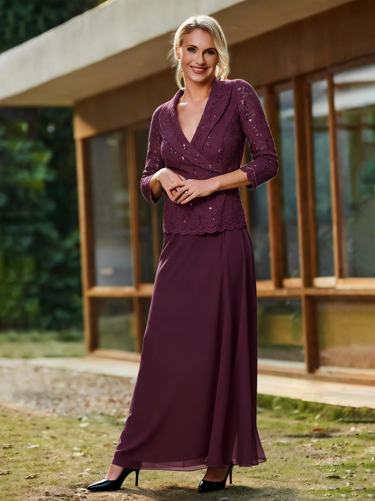 Lace Sequins 3/4 Sleeves Chiffon A-Line Long Dress Cabernet
