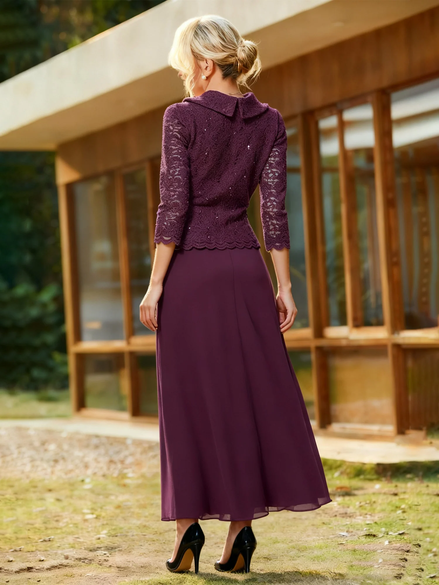 Lace Sequins 3/4 Sleeves Chiffon A-Line Long Dress Cabernet - Image 2