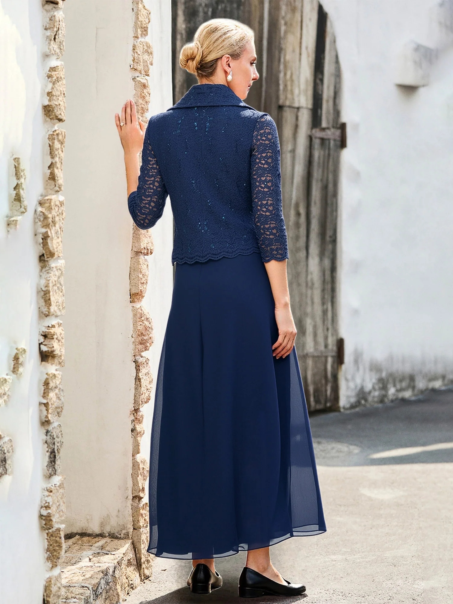 Lace Sequins 3/4 Sleeves Chiffon A-Line Long Dress Dark Navy - Image 2