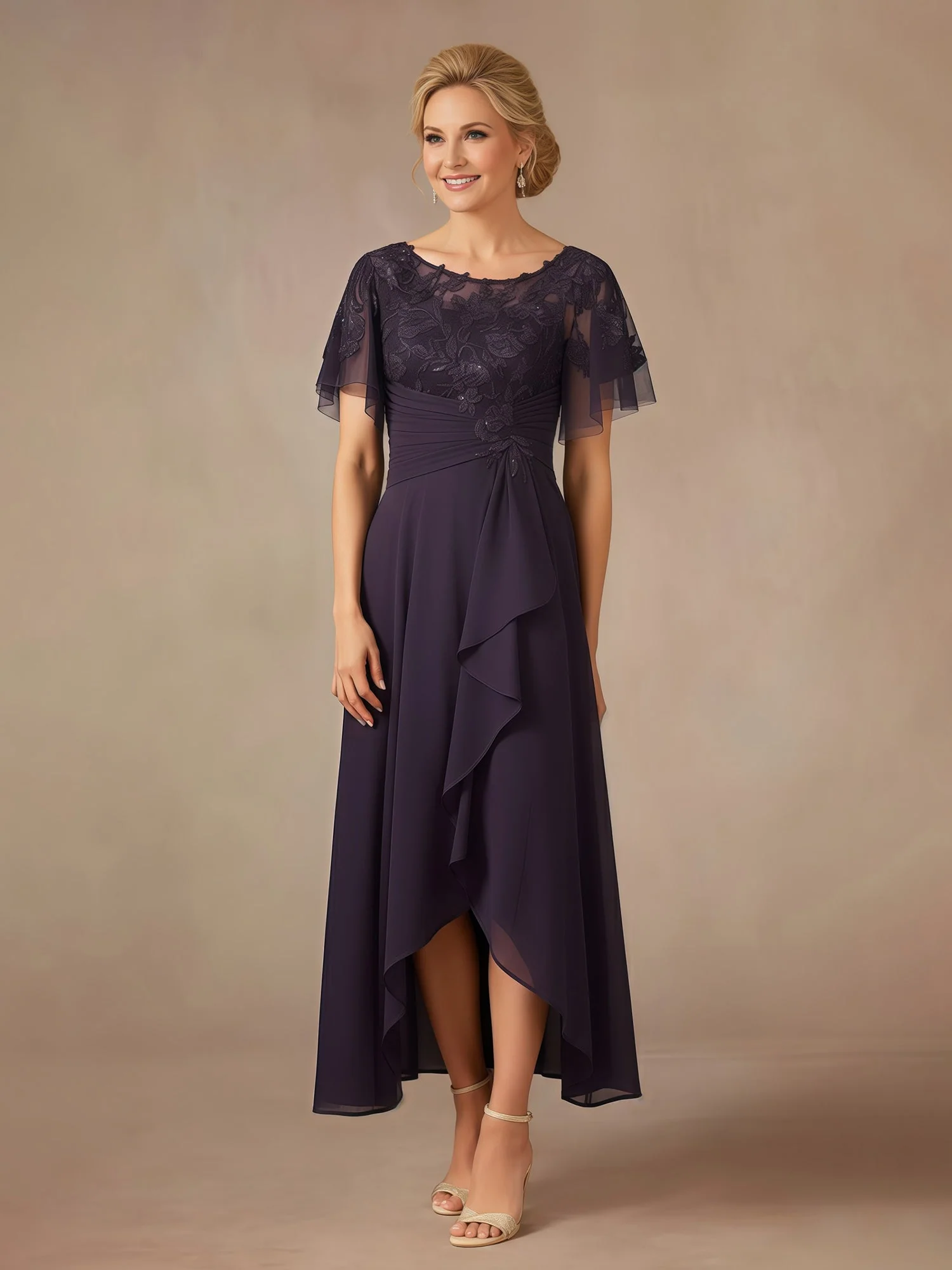 Lace Sequins Chiffon A-Line Asymmetrical Dress With Ruffles Dusty Rose