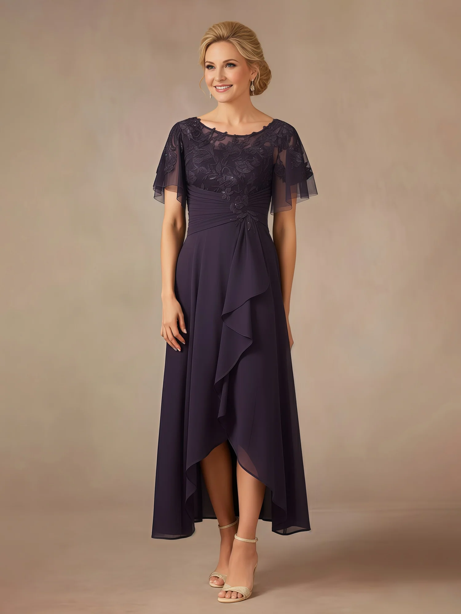 Lace Sequins Chiffon A-Line Asymmetrical Dress With Ruffles Plum