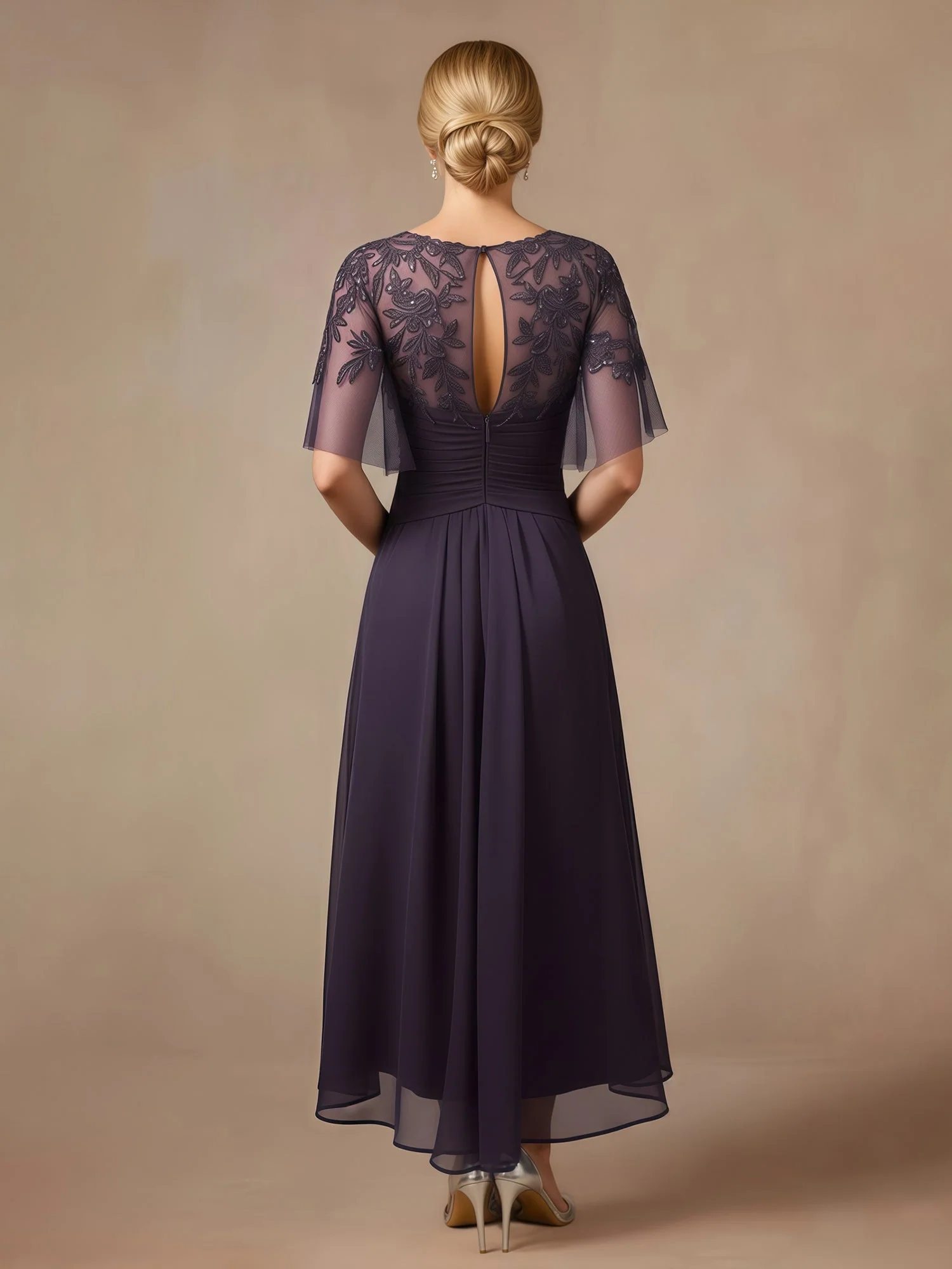 Lace Sequins Chiffon A-Line Asymmetrical Dress With Ruffles Steel Grey - Image 2