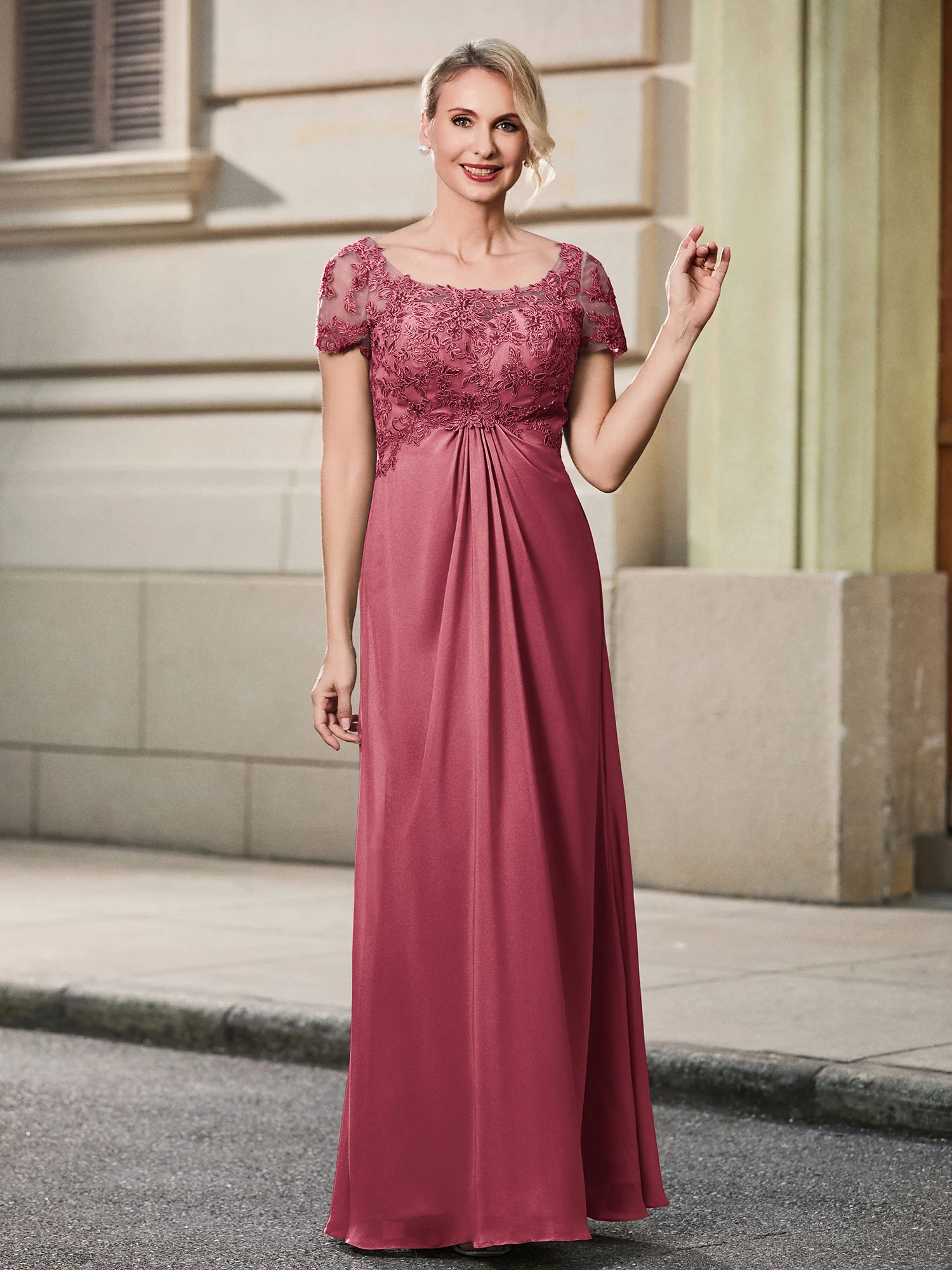 Lace Short Sleeve Empire Floor-length Maxi Dress Cinnamon Rose