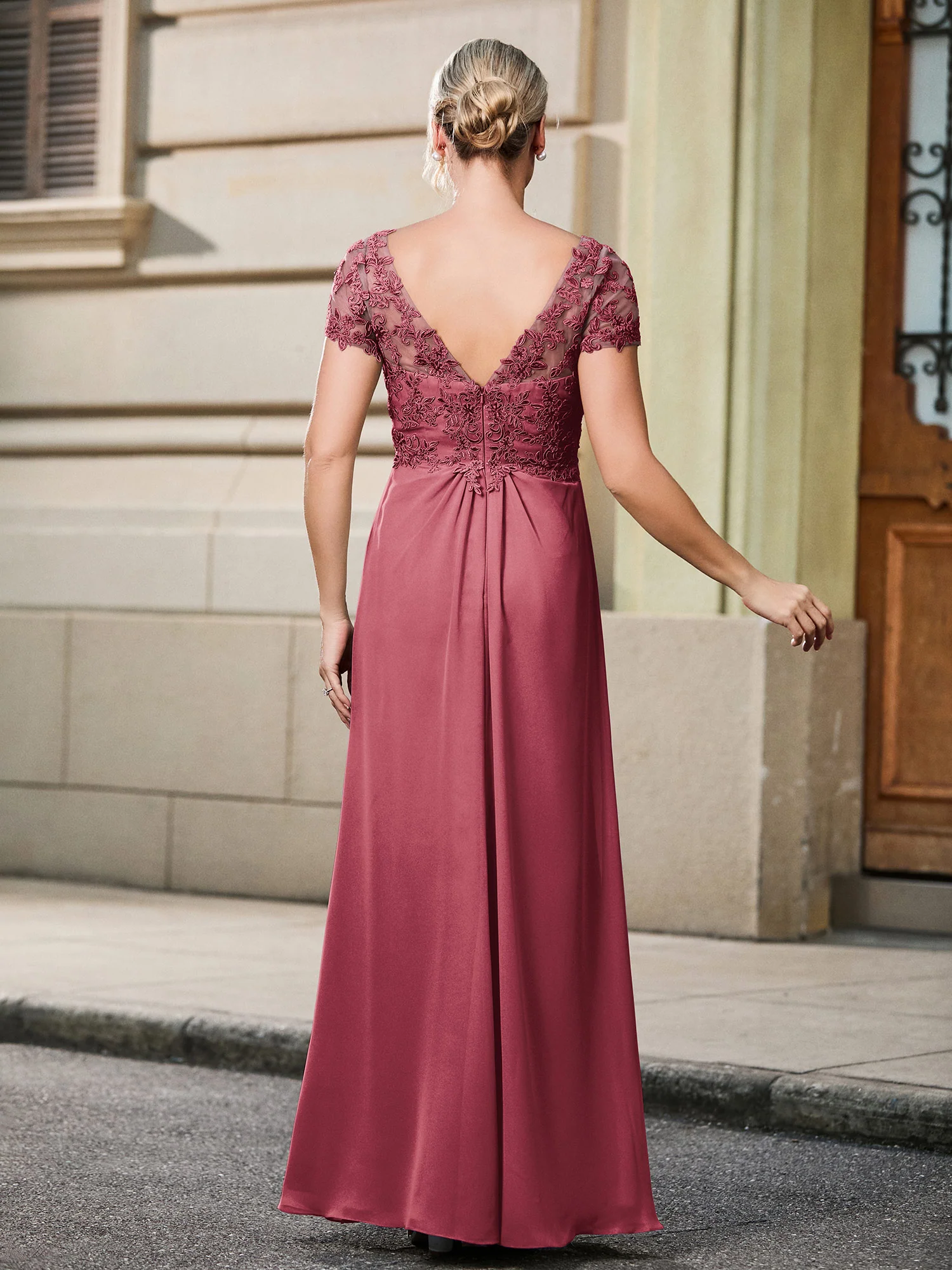 Lace Short Sleeve Empire Floor-length Maxi Dress Cinnamon Rose - Image 2