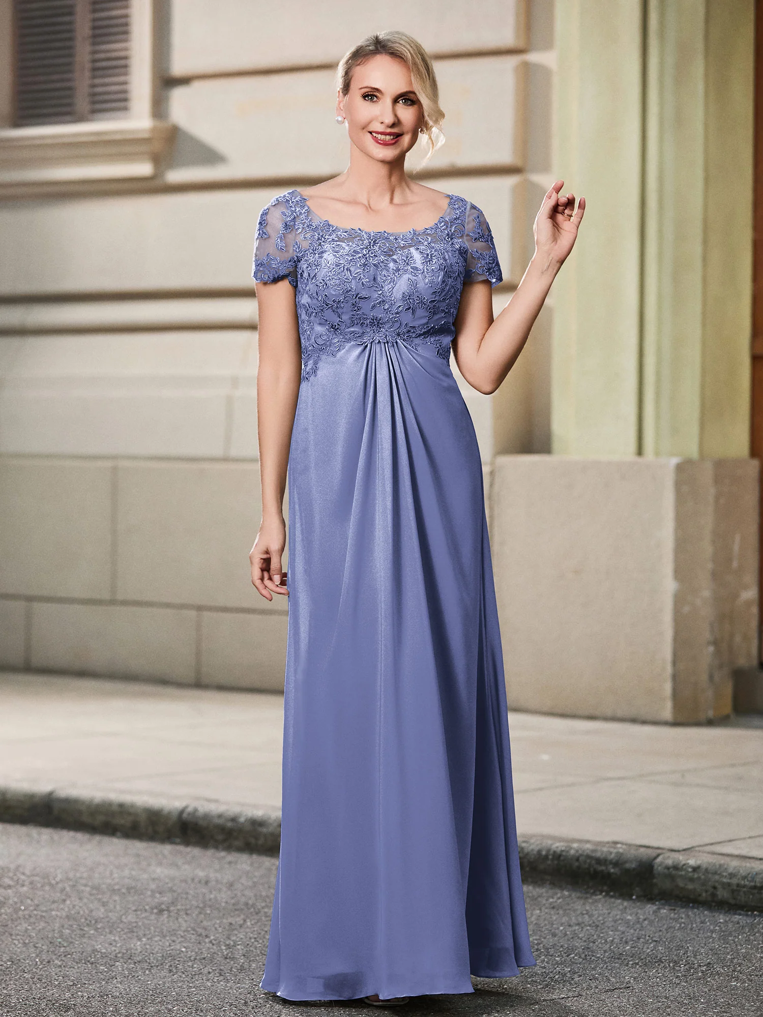 Lace Short Sleeve Empire Floor-length Maxi Dress Periwinkle
