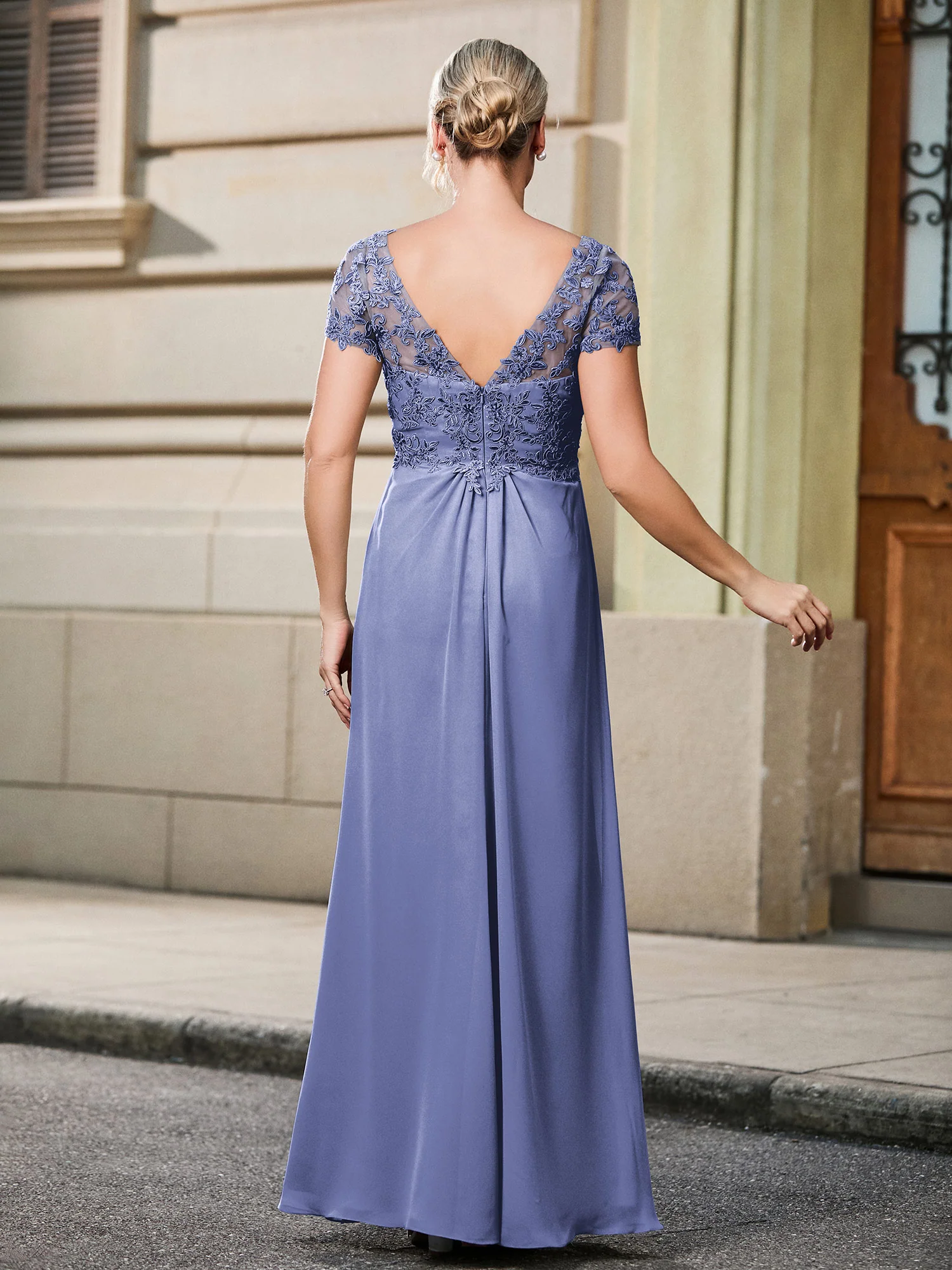 Lace Short Sleeve Empire Floor-length Maxi Dress Periwinkle - Image 2
