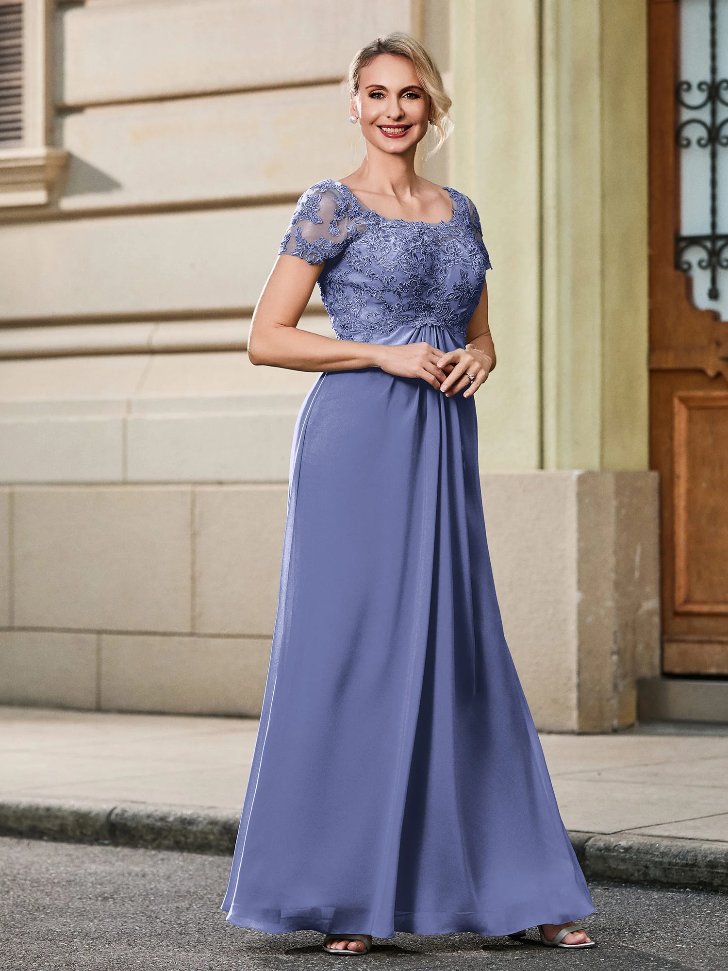 Lace Short Sleeve Empire Floor-length Maxi Dress Periwinkle - Image 3