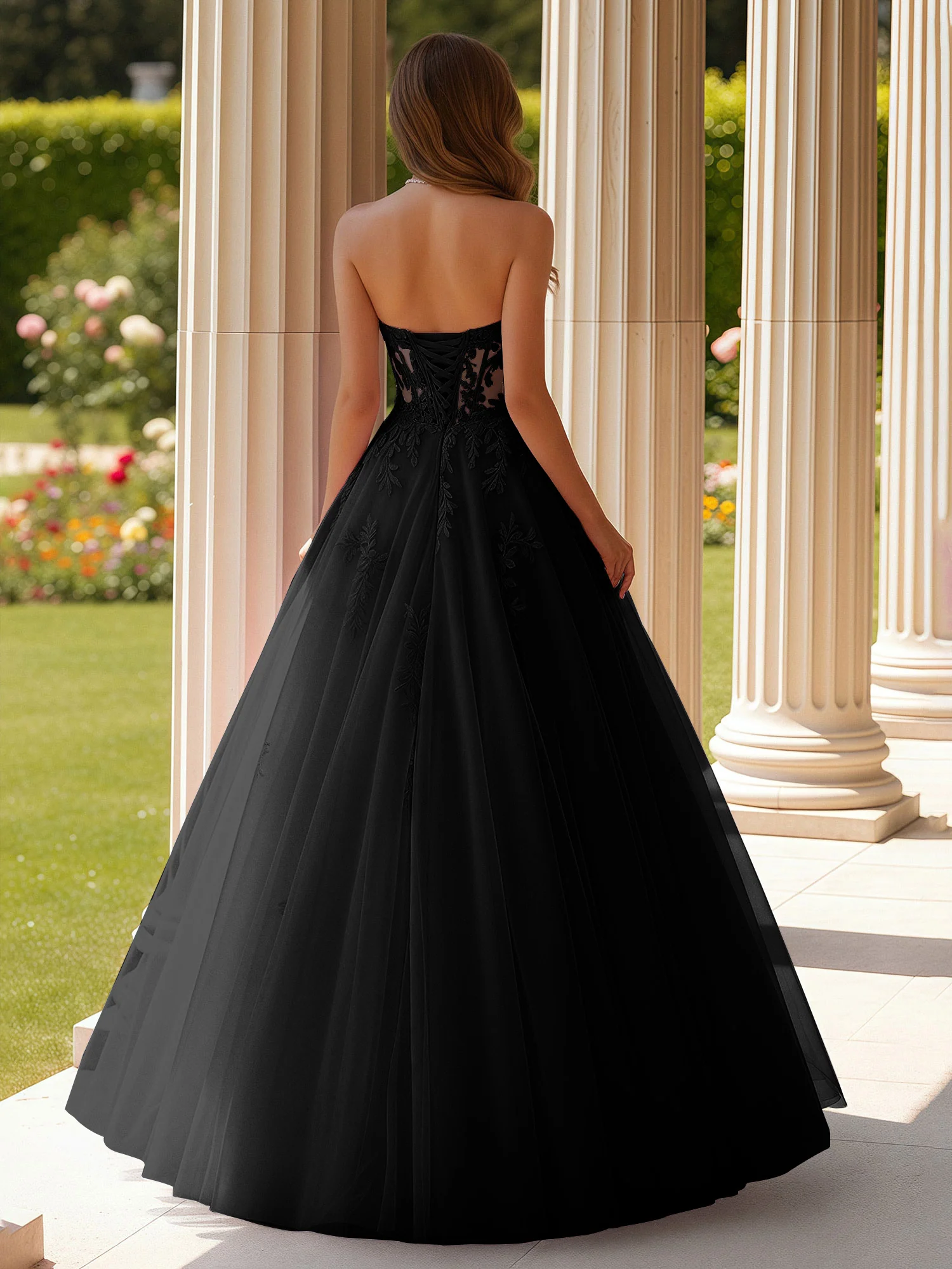 Lace Sweetheart Sheer Corset Applique Tulle Dress Black - Image 2