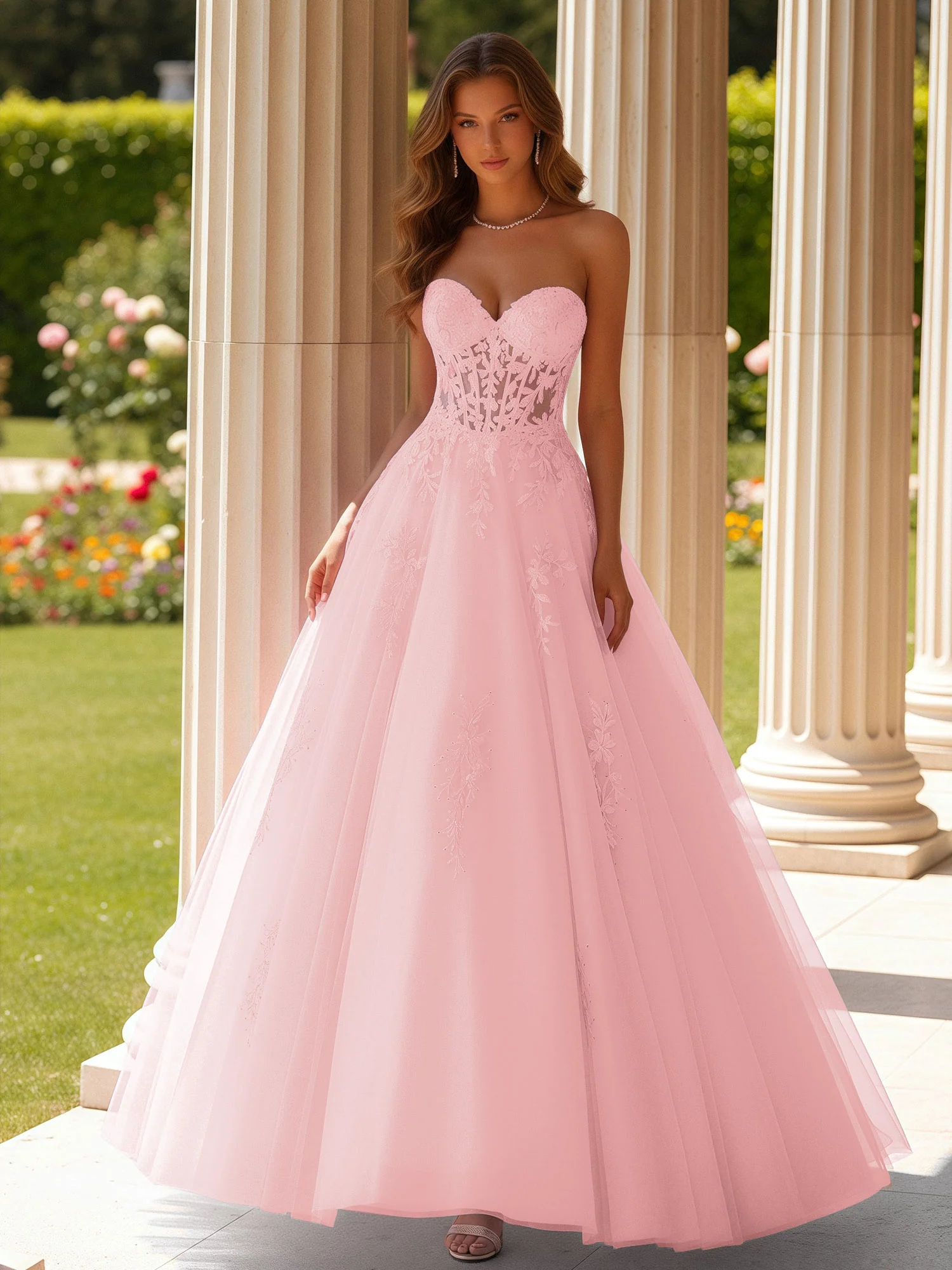 Lace Sweetheart Sheer Corset Applique Tulle Dress Blushing Pink