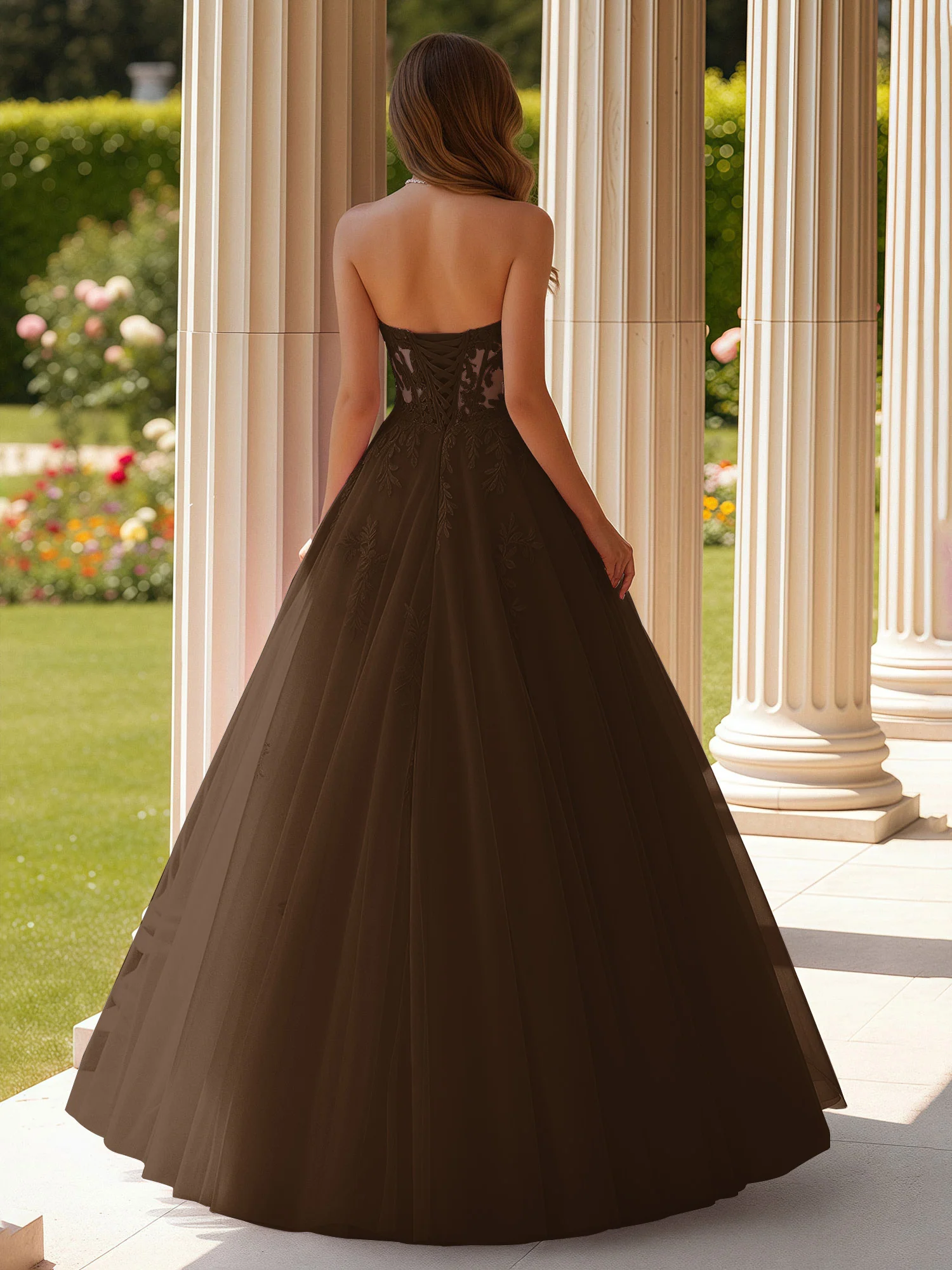 Lace Sweetheart Sheer Corset Applique Tulle Dress Brown - Image 2
