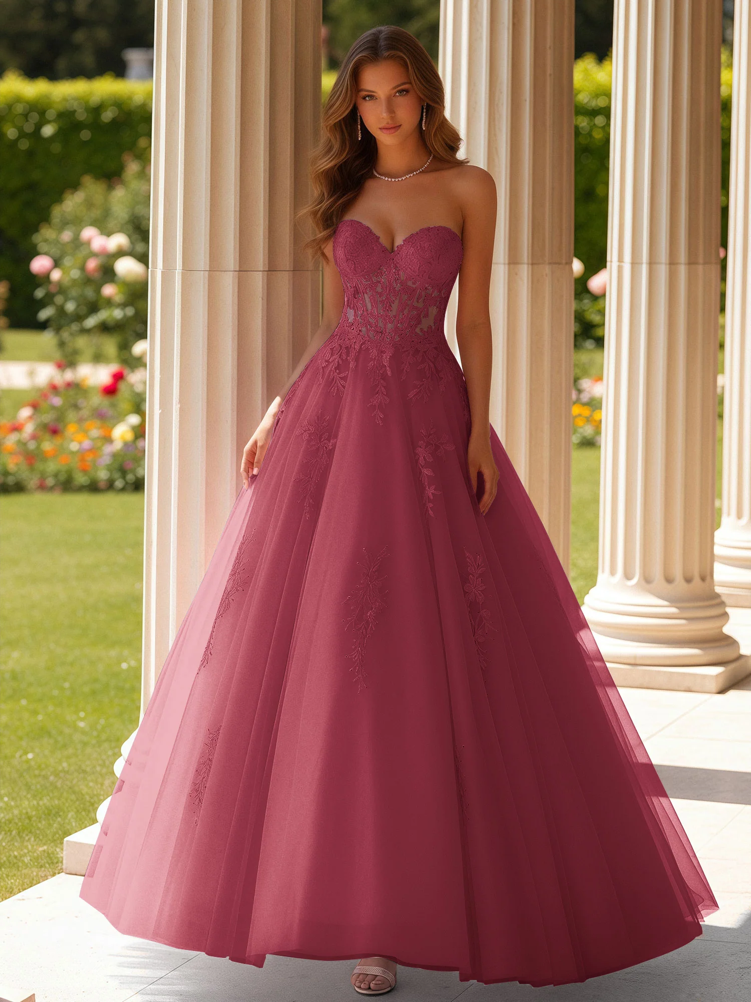 Lace Sweetheart Sheer Corset Applique Tulle Dress Cinnamon Rose
