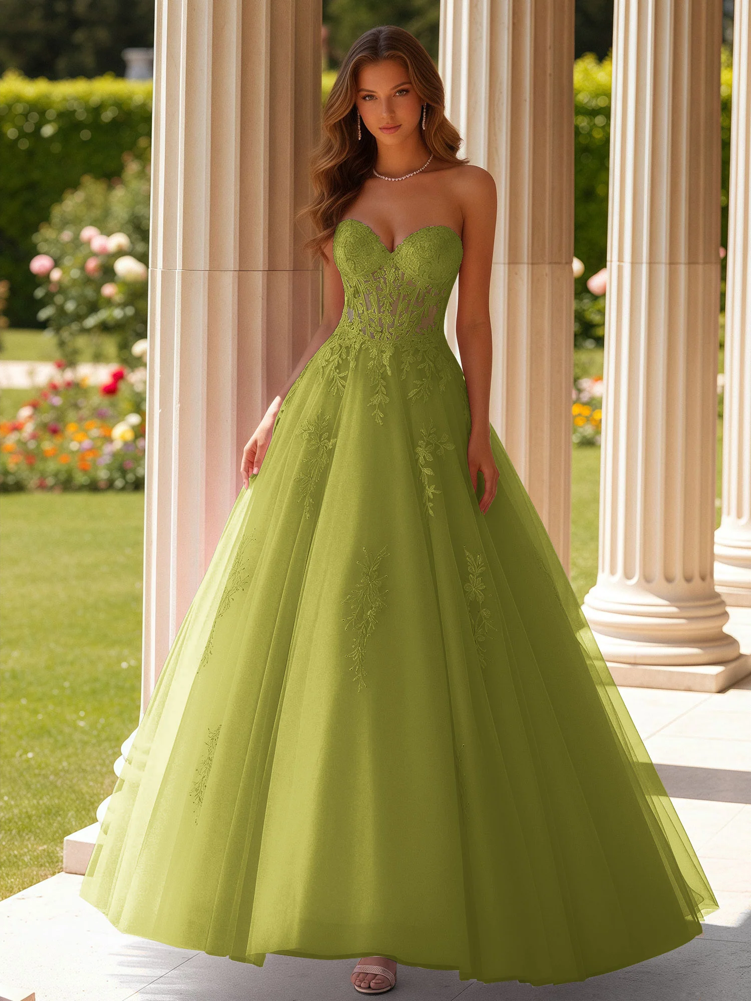 Lace Sweetheart Sheer Corset Applique Tulle Dress Clover