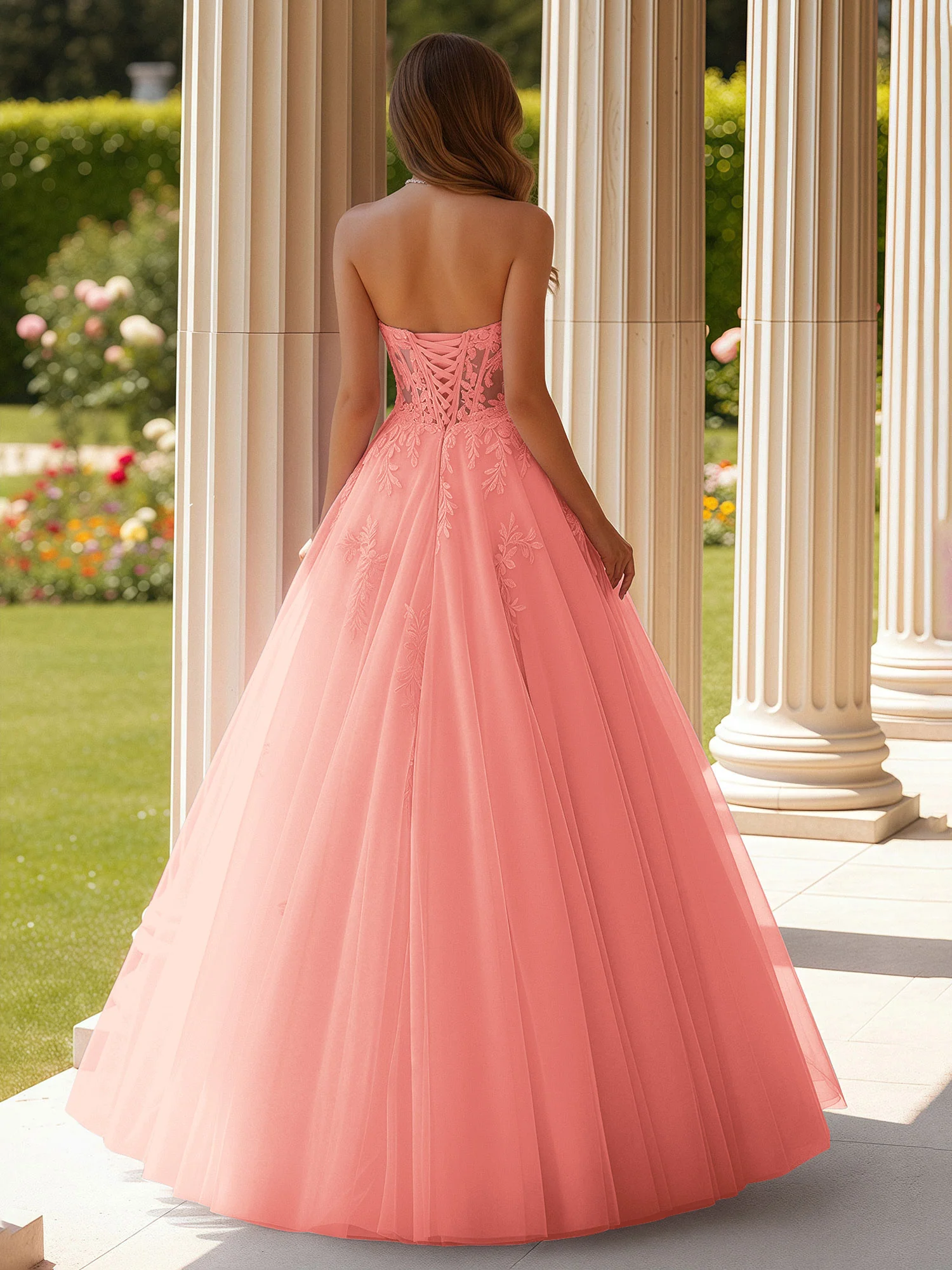 Lace Sweetheart Sheer Corset Applique Tulle Dress Coral - Image 2