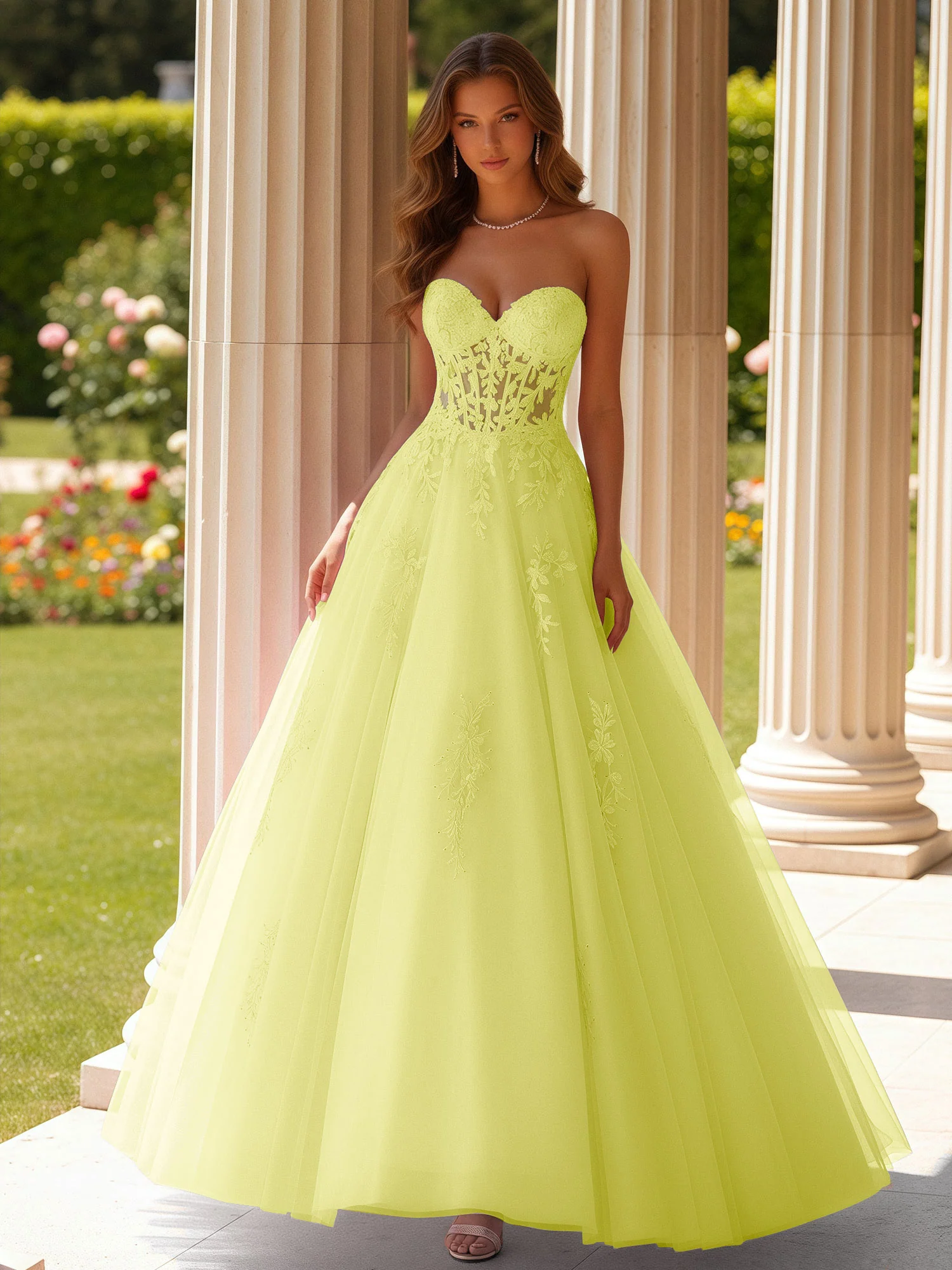 Lace Sweetheart Sheer Corset Applique Tulle Dress Daffodil