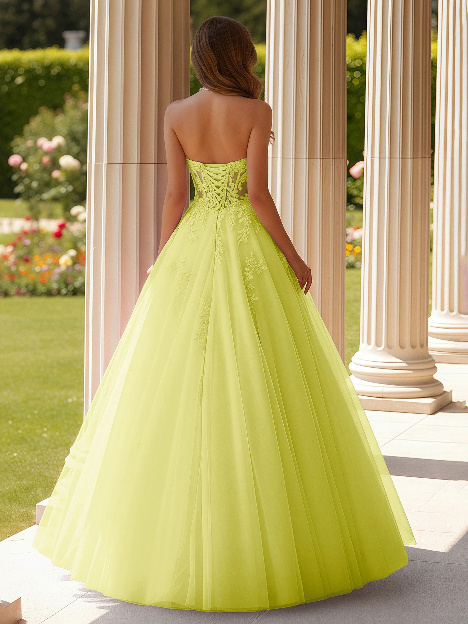 Lace Sweetheart Sheer Corset Applique Tulle Dress Daffodil - Image 2