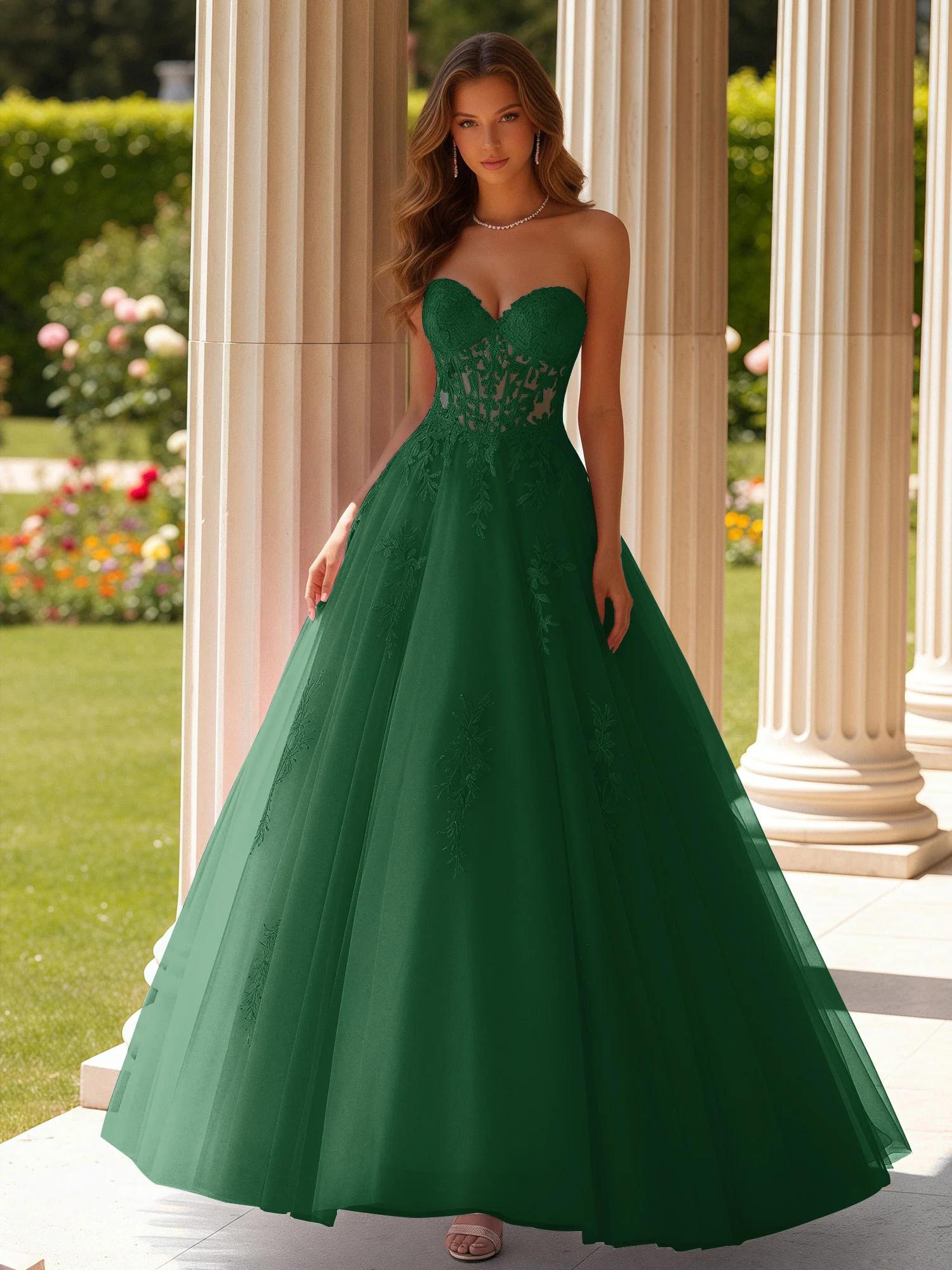 Lace Sweetheart Sheer Corset Applique Tulle Dress Dark Green