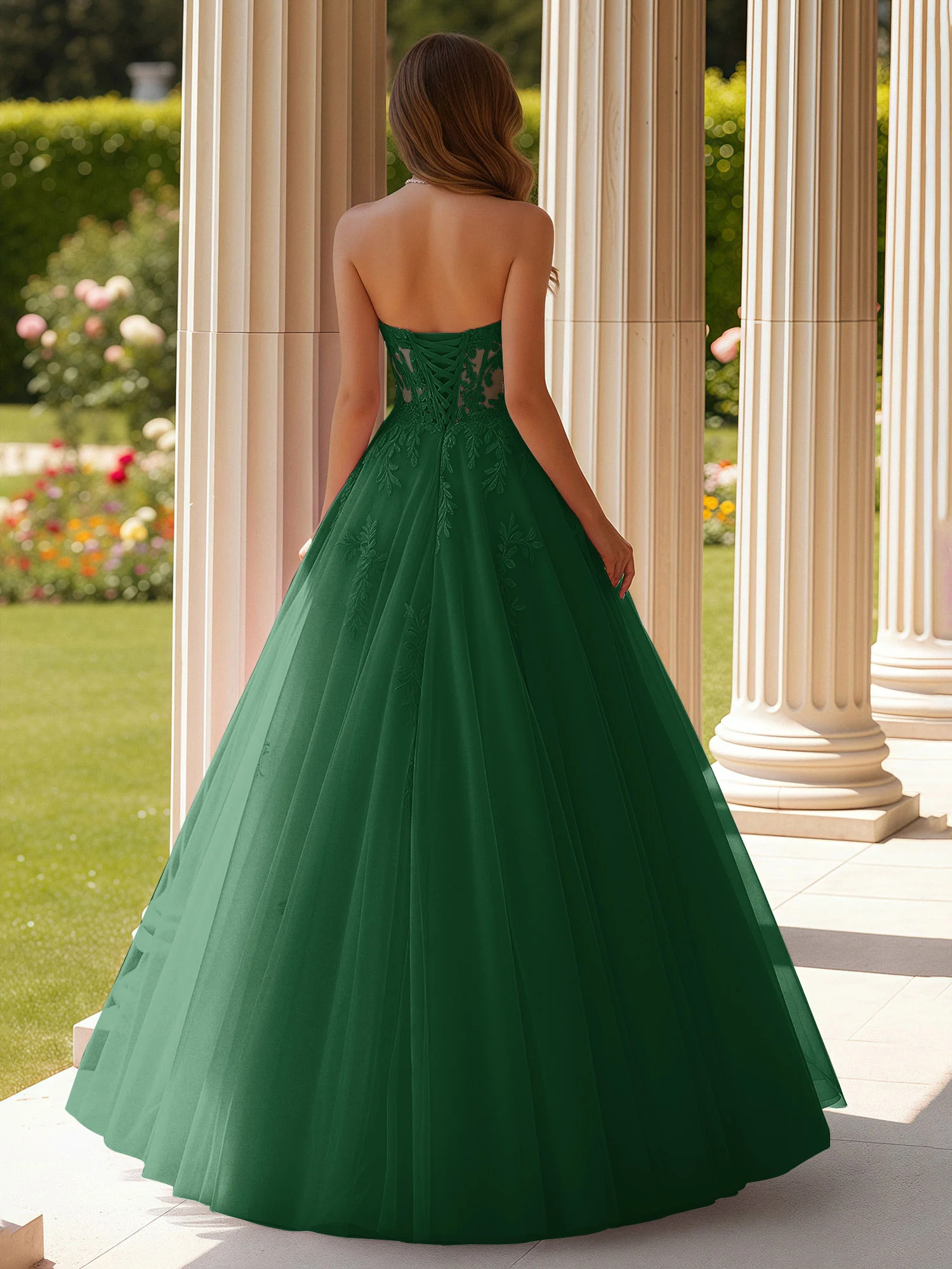 Lace Sweetheart Sheer Corset Applique Tulle Dress Dark Green - Image 2