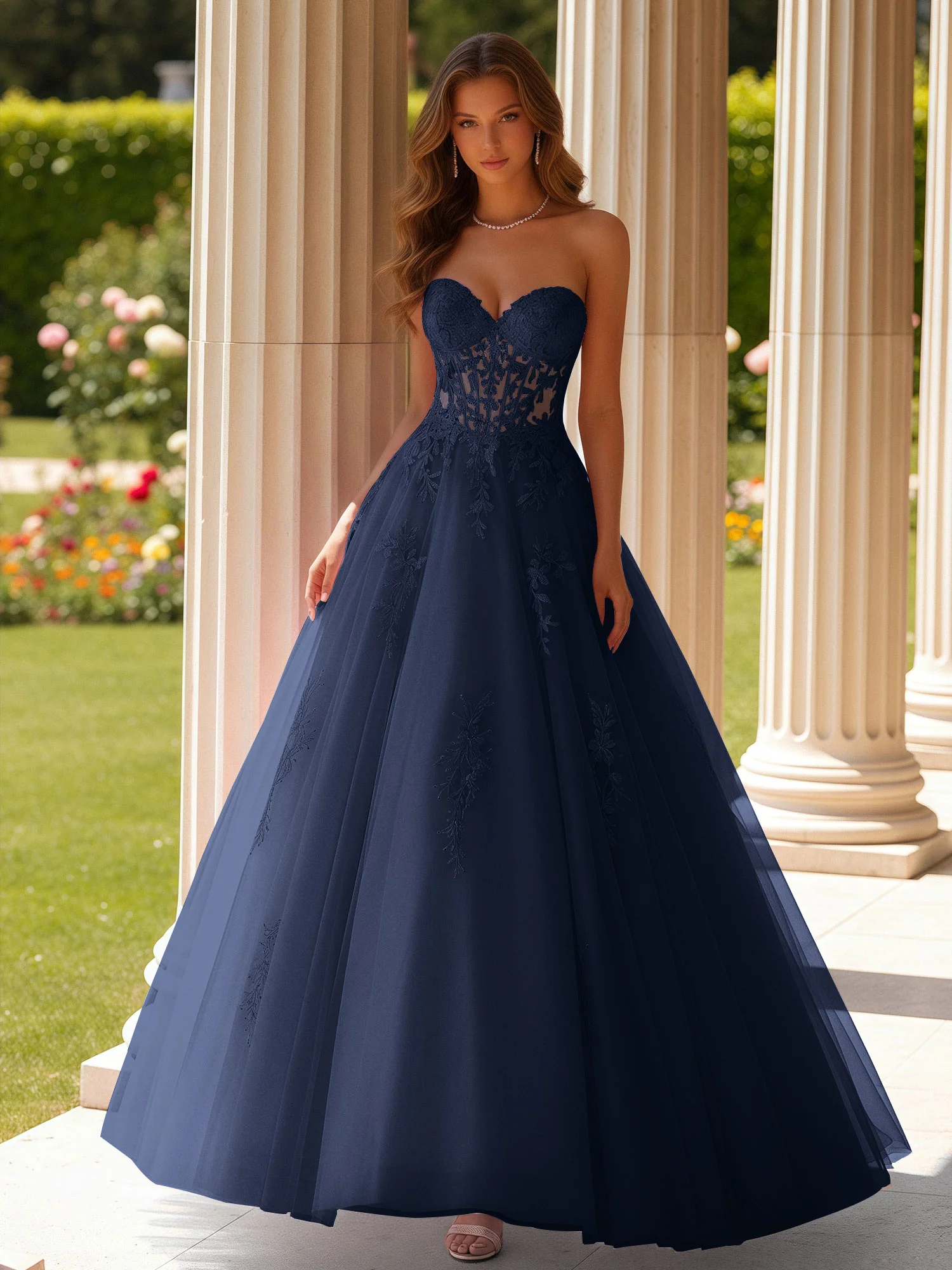 Lace Sweetheart Sheer Corset Applique Tulle Dress Dark Navy