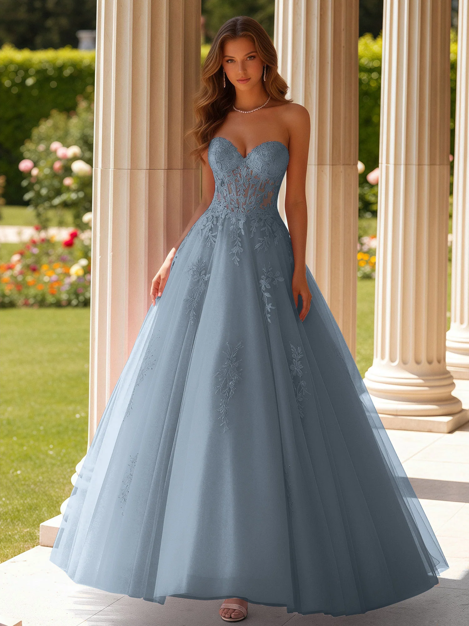Lace Sweetheart Sheer Corset Applique Tulle Dress Dusty Blue