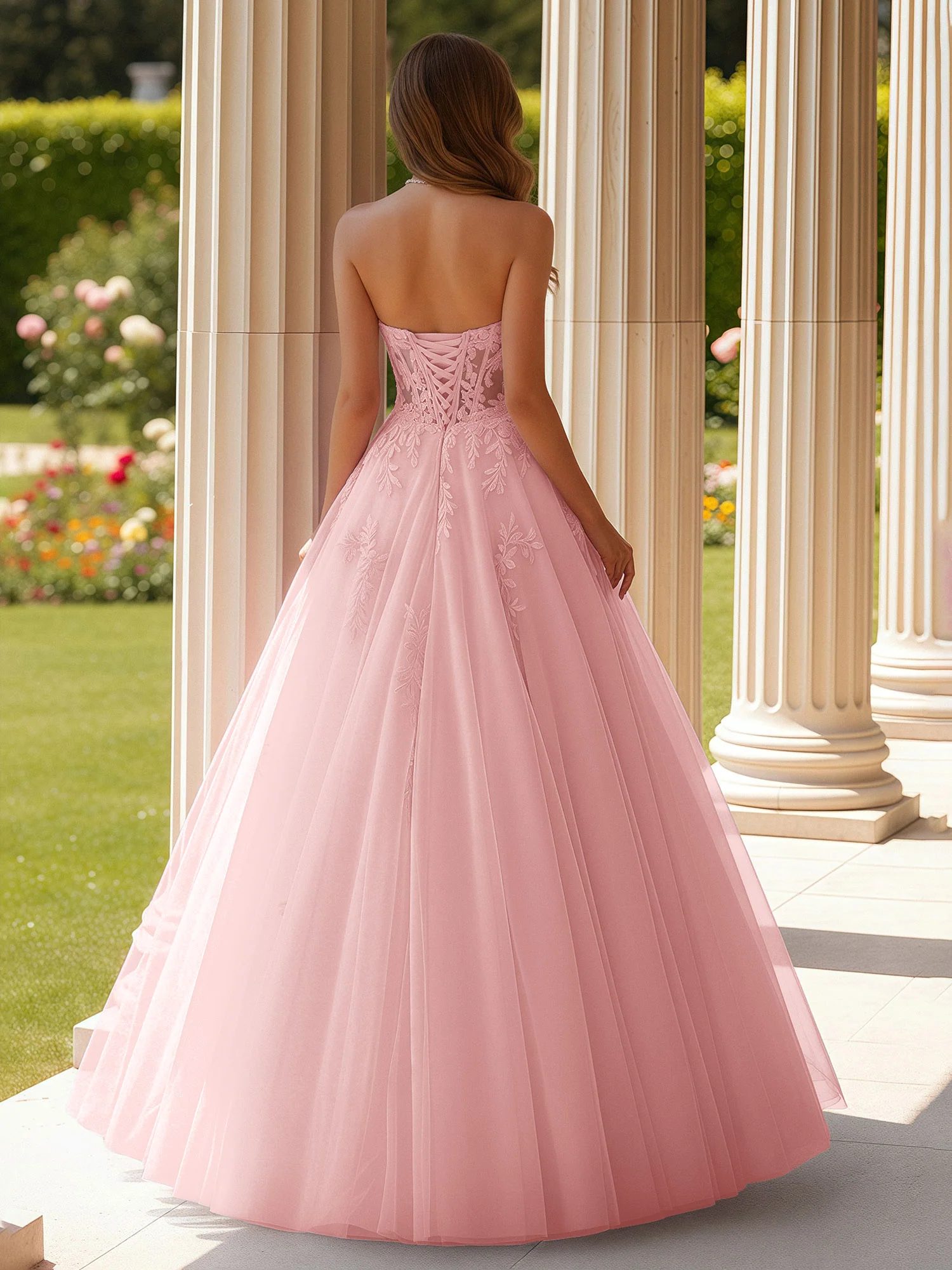 Lace Sweetheart Sheer Corset Applique Tulle Dress Dusty Rose - Image 2